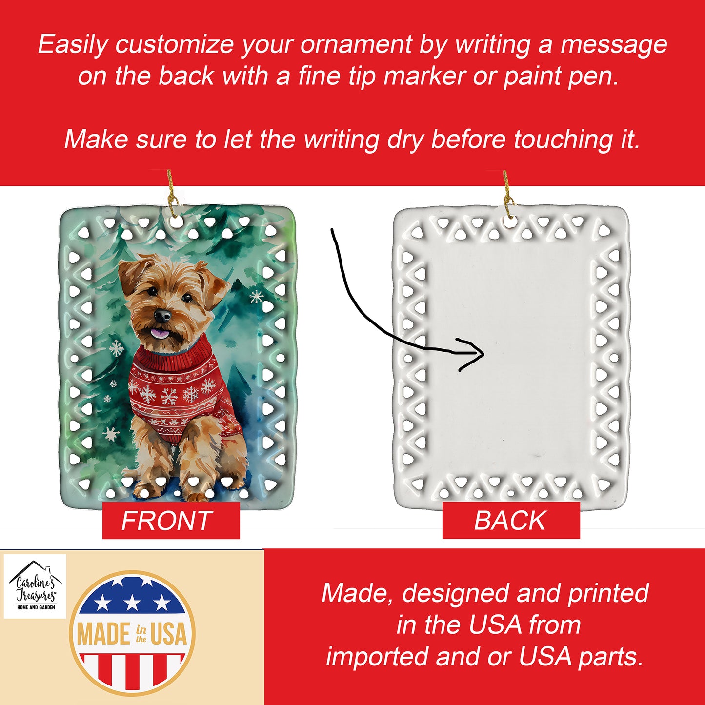 Norfolk Terrier Christmas Porcelain Ornament