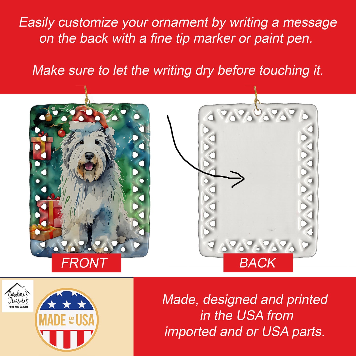 Old English Sheepdog Christmas Porcelain Ornament