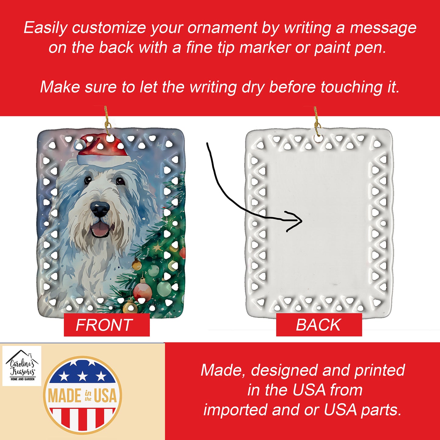 Old English Sheepdog Christmas Porcelain Ornament