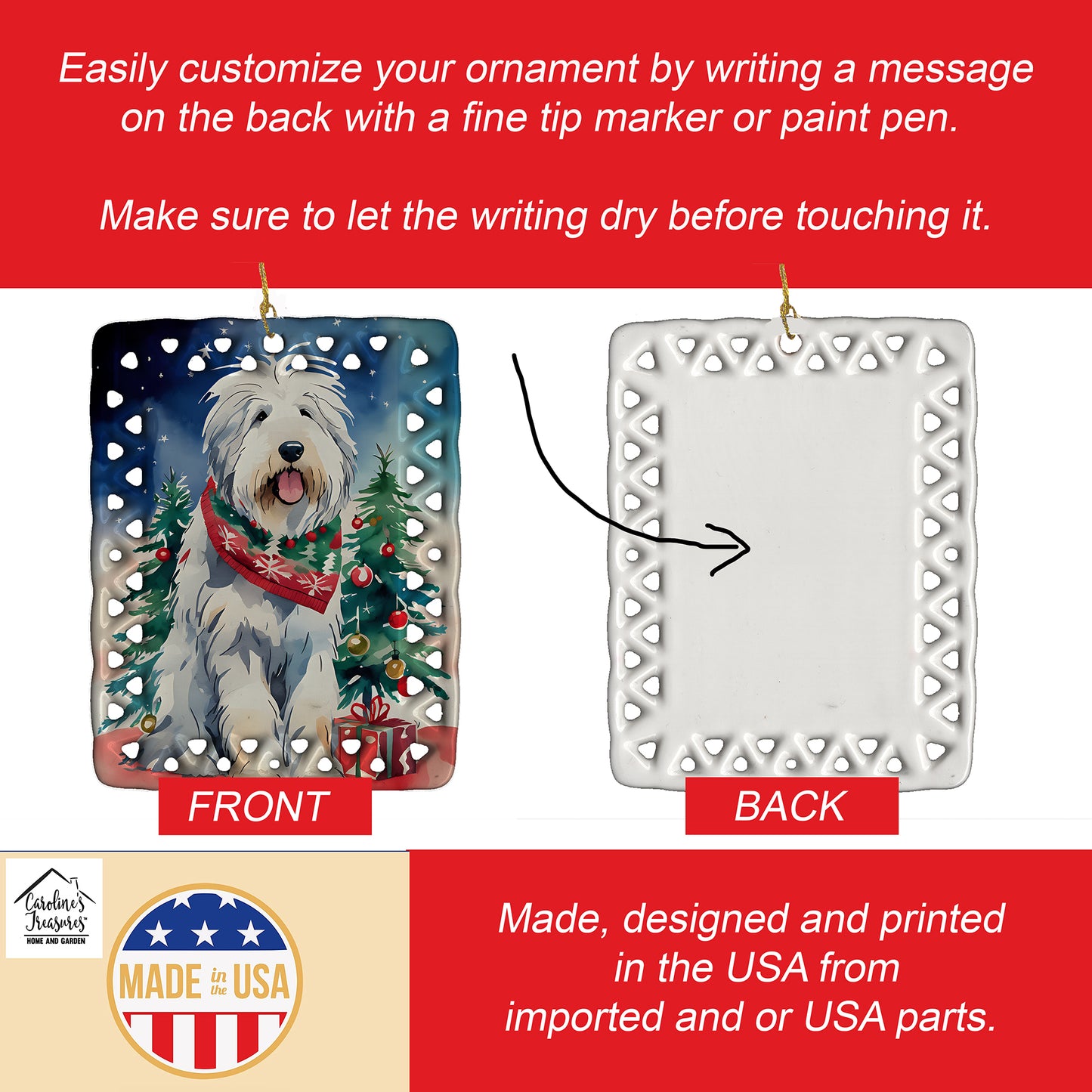 Old English Sheepdog Christmas Porcelain Ornament