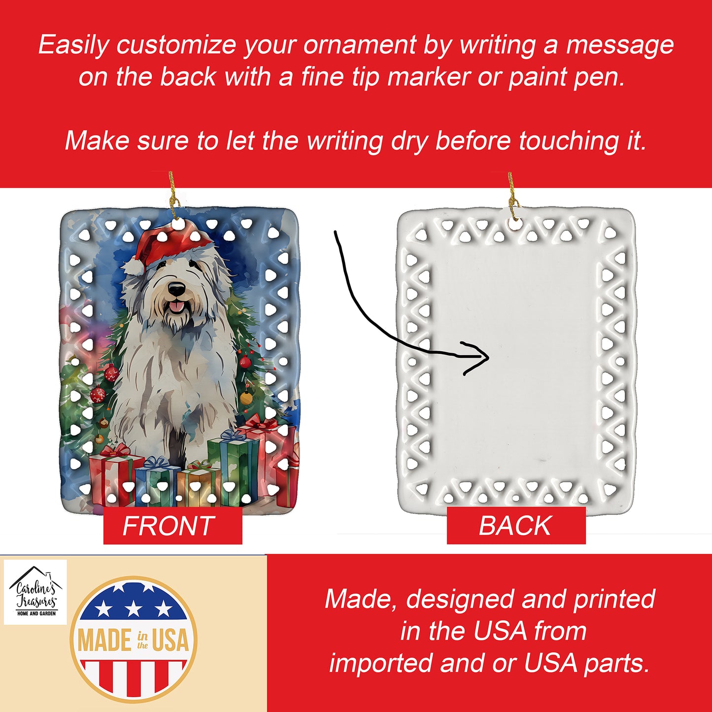 Old English Sheepdog Christmas Porcelain Ornament