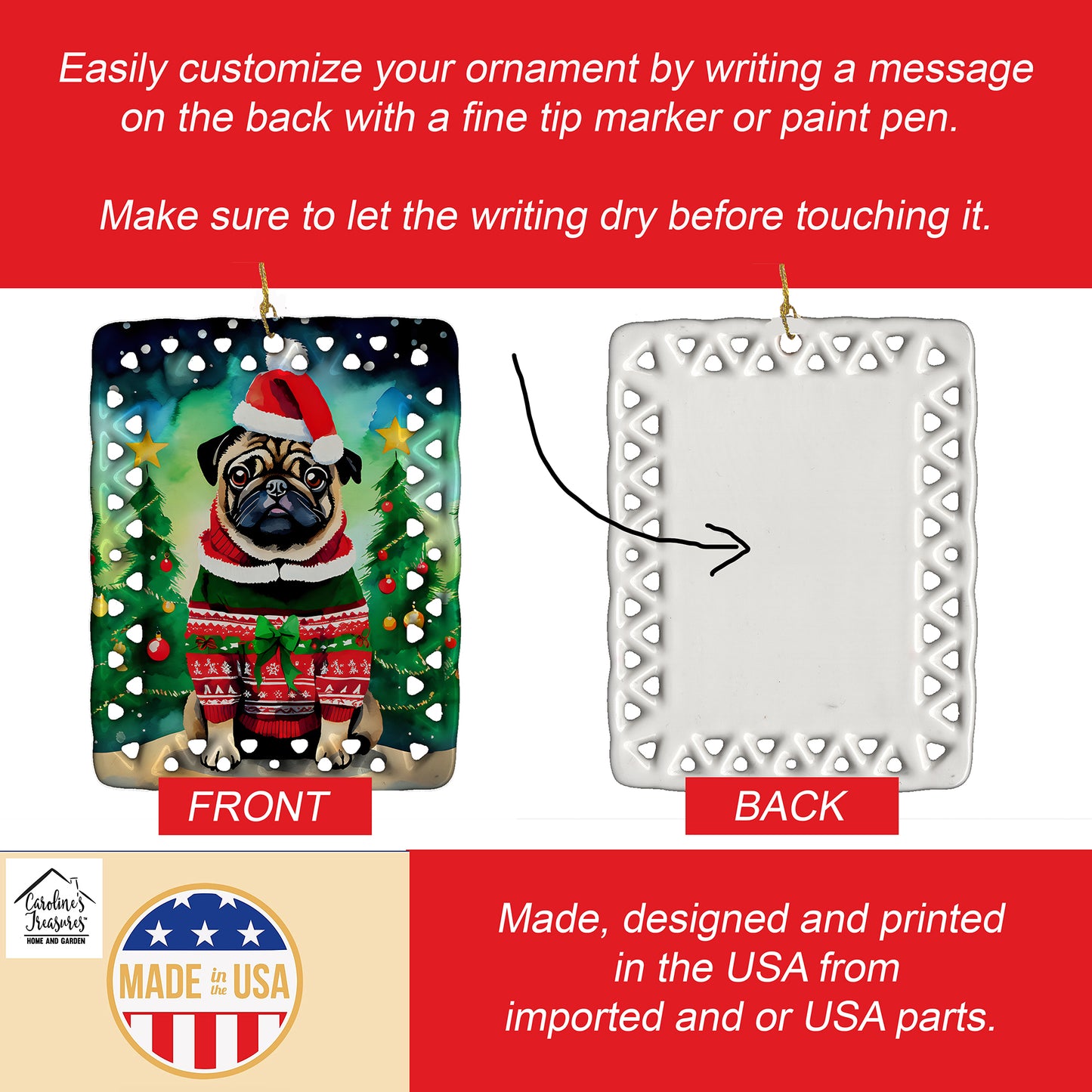 Pug Christmas Porcelain Ornament