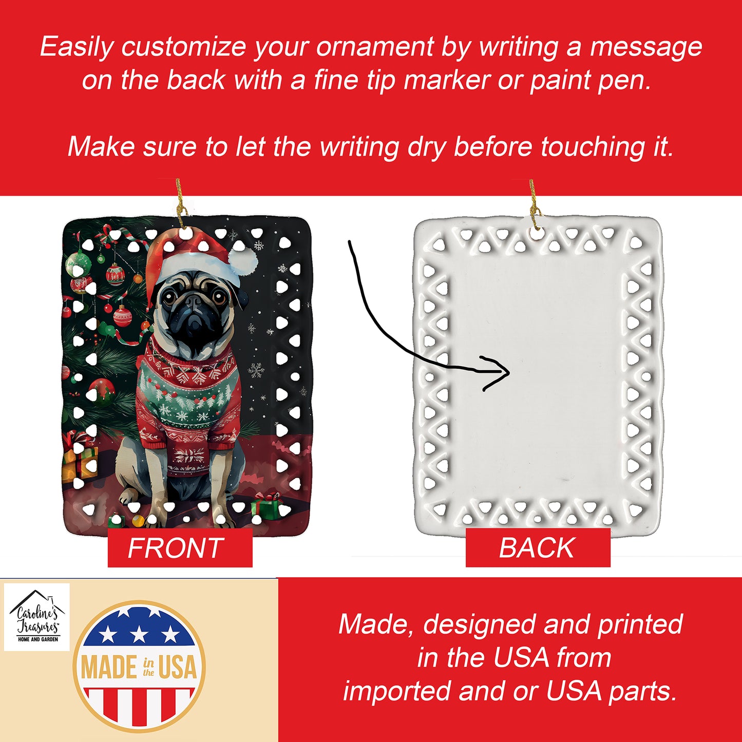 Pug Christmas Porcelain Ornament