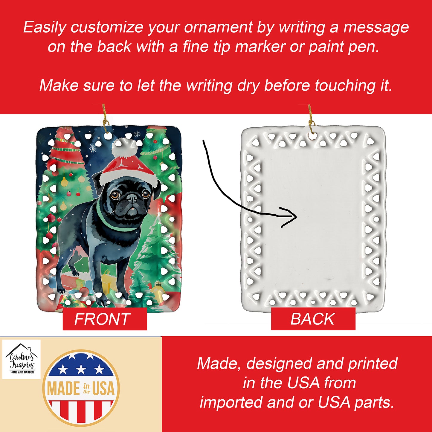 Pug Christmas Porcelain Ornament