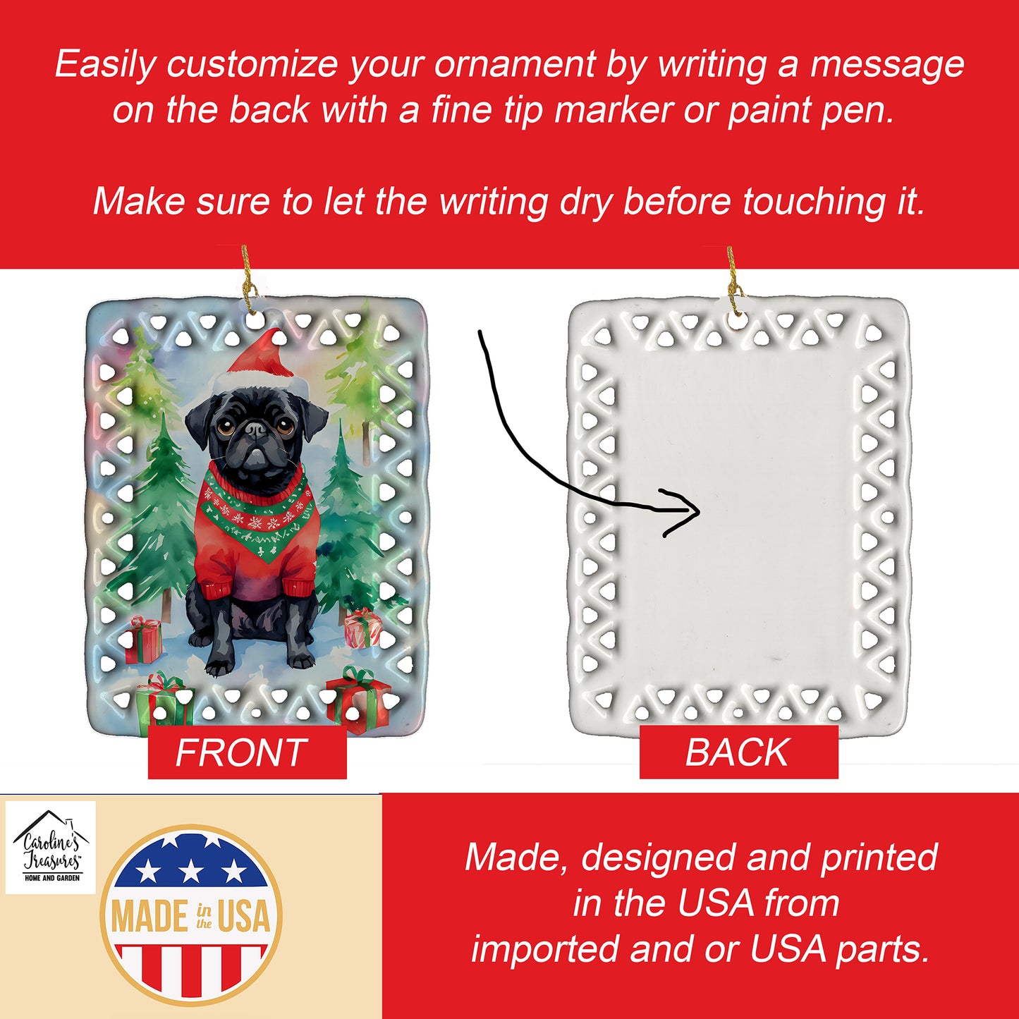 Pug Christmas Porcelain Ornament