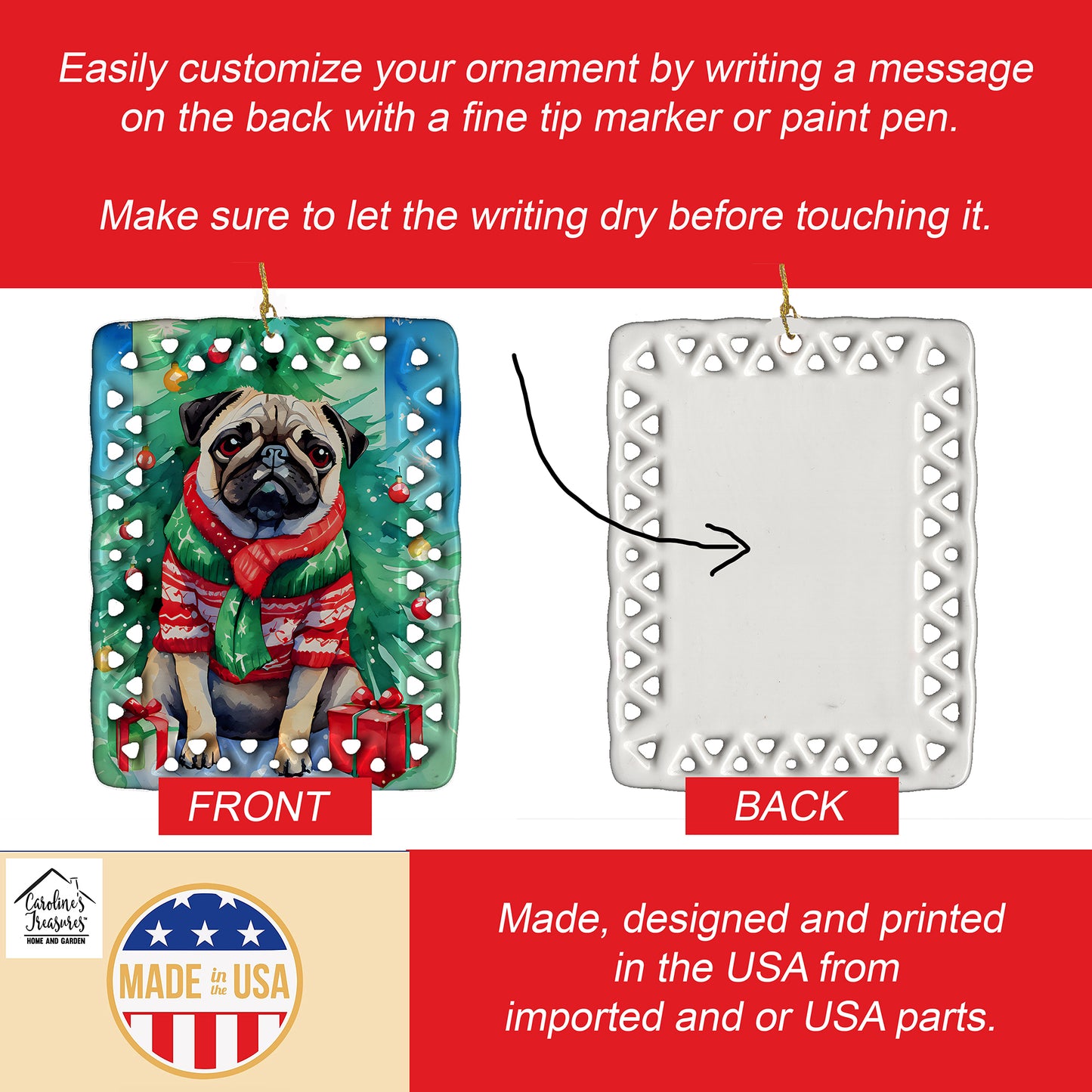 Pug Christmas Porcelain Ornament