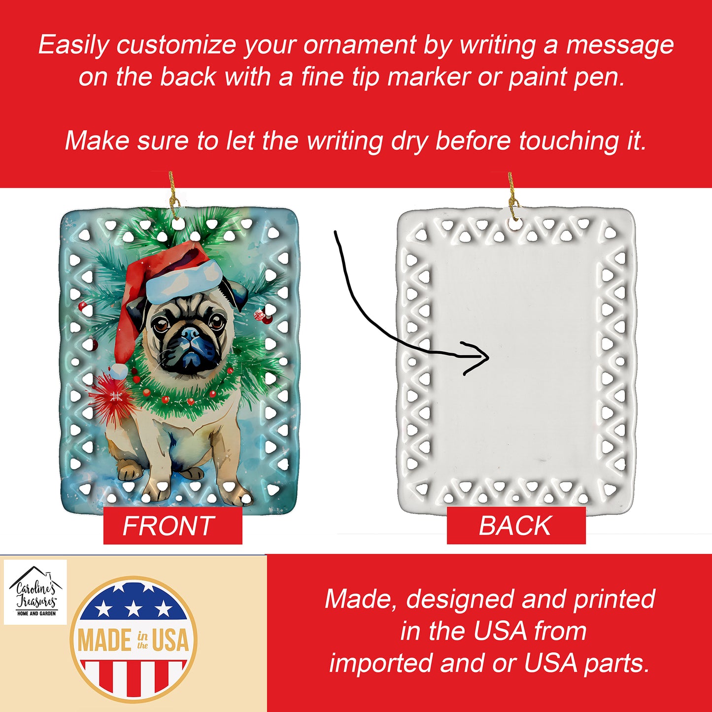 Pug Christmas Porcelain Ornament