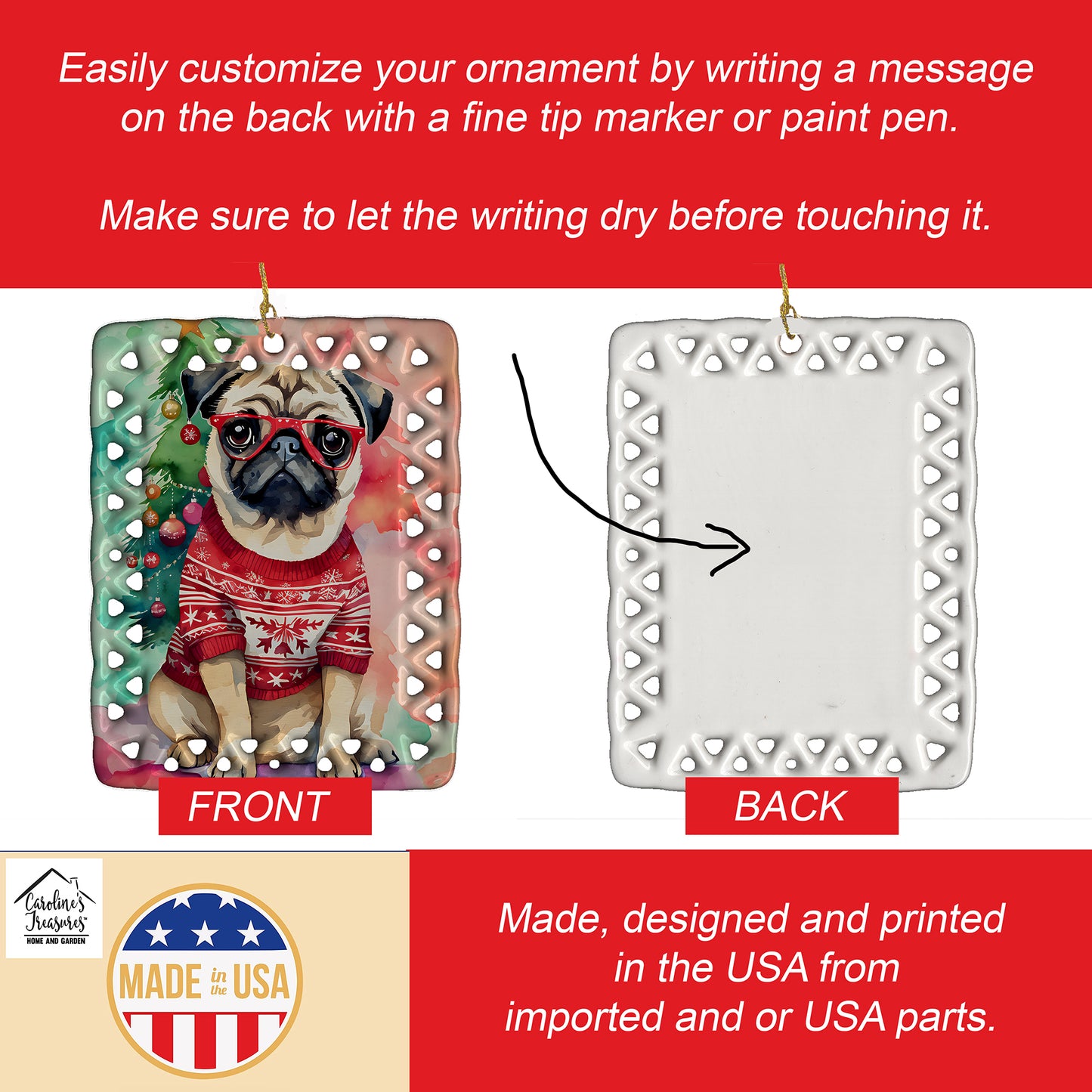 Pug Christmas Porcelain Ornament