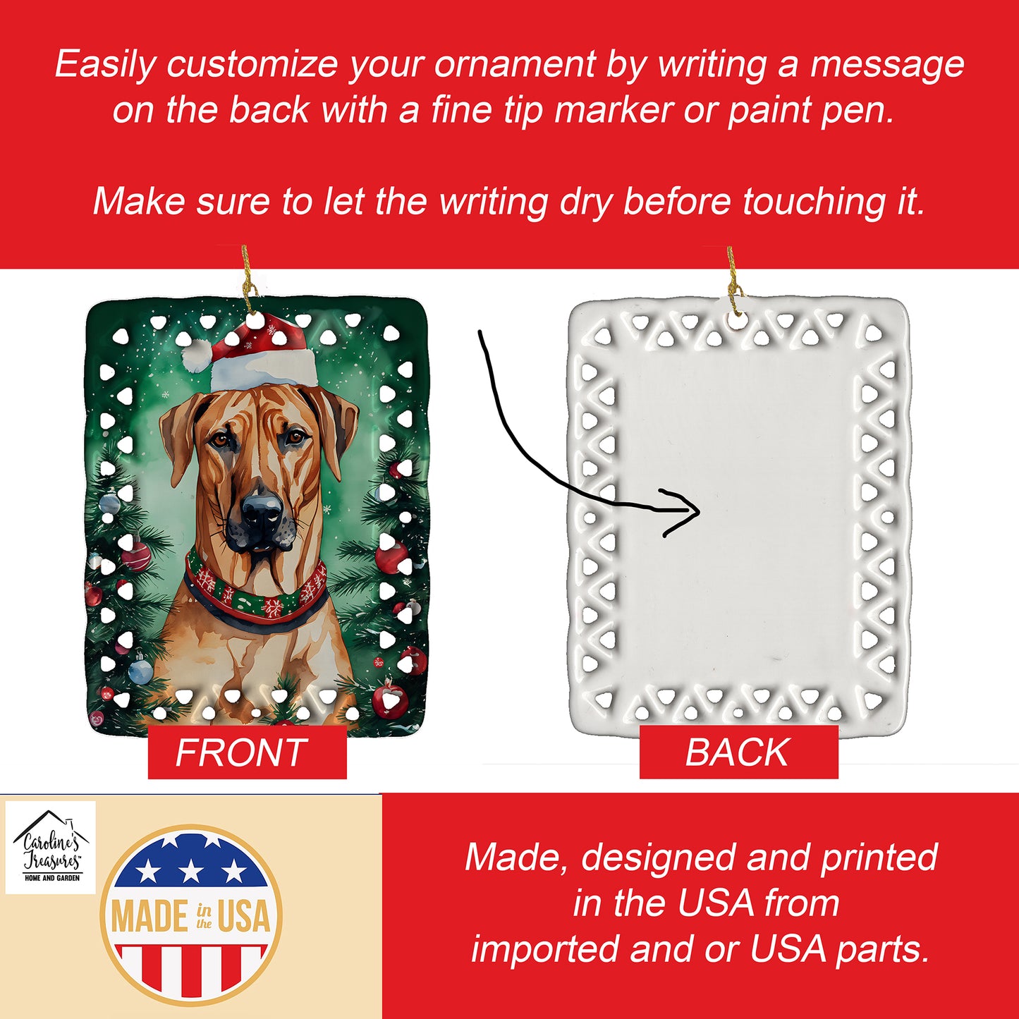 Rhodesian Ridgeback Christmas Porcelain Ornament