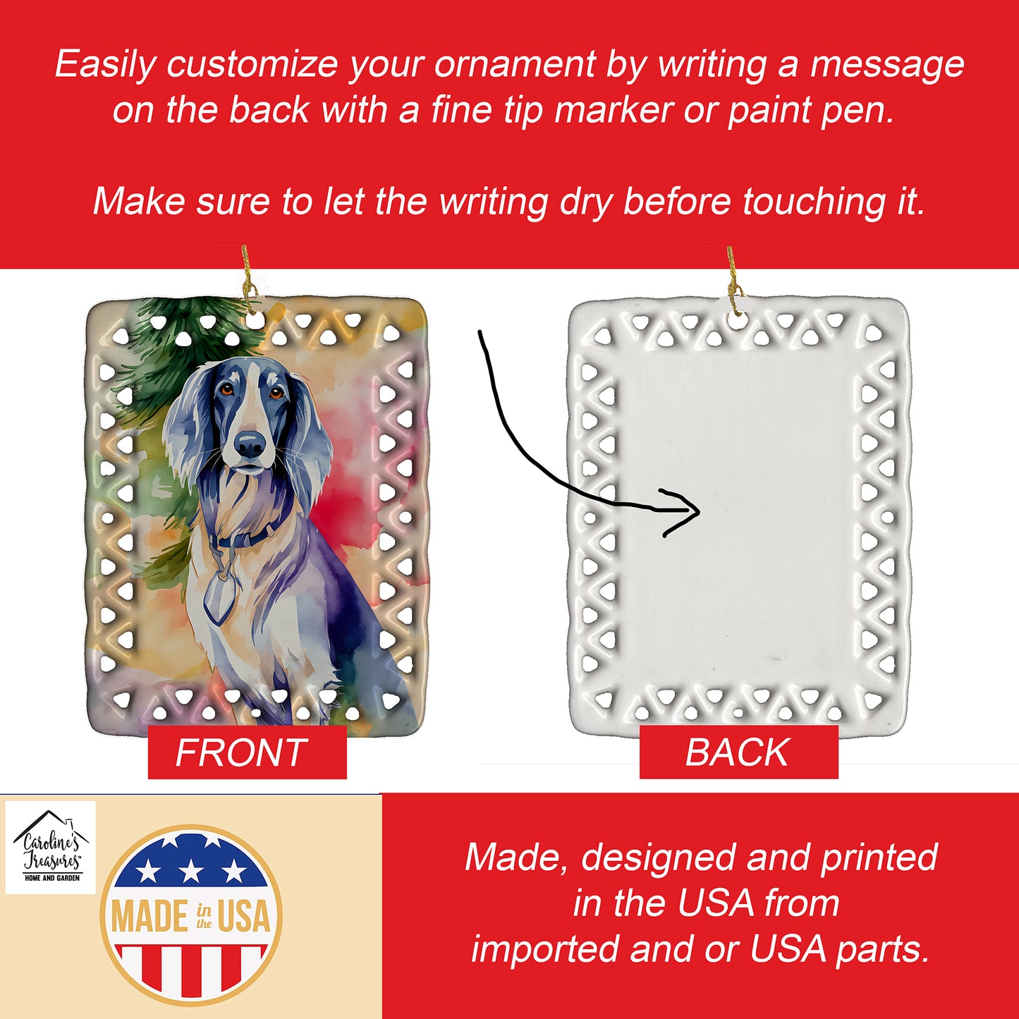 Saluki Christmas Porcelain Ornament