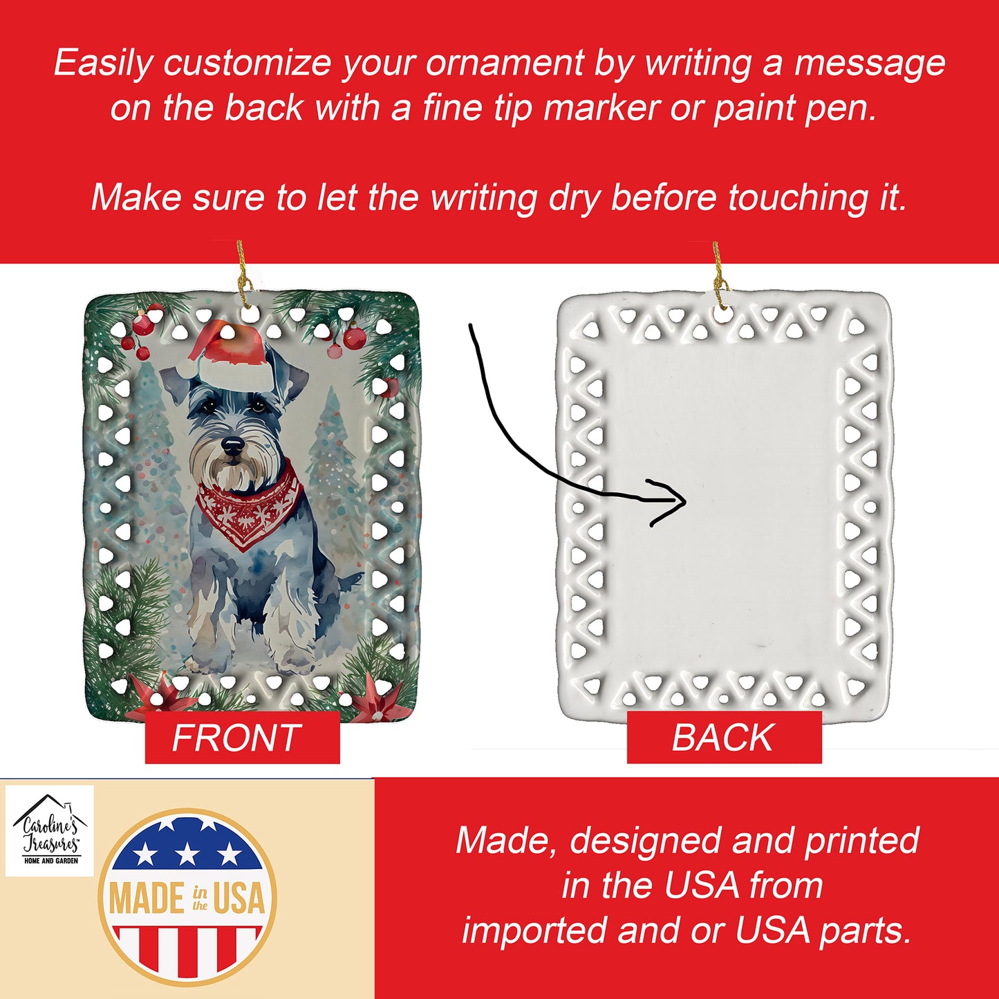 Schnauzer Christmas Porcelain Ornament