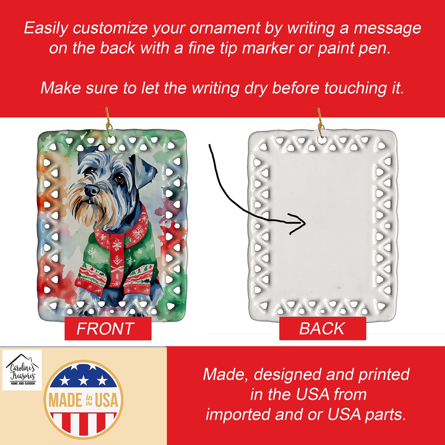 Schnauzer Christmas Porcelain Ornament