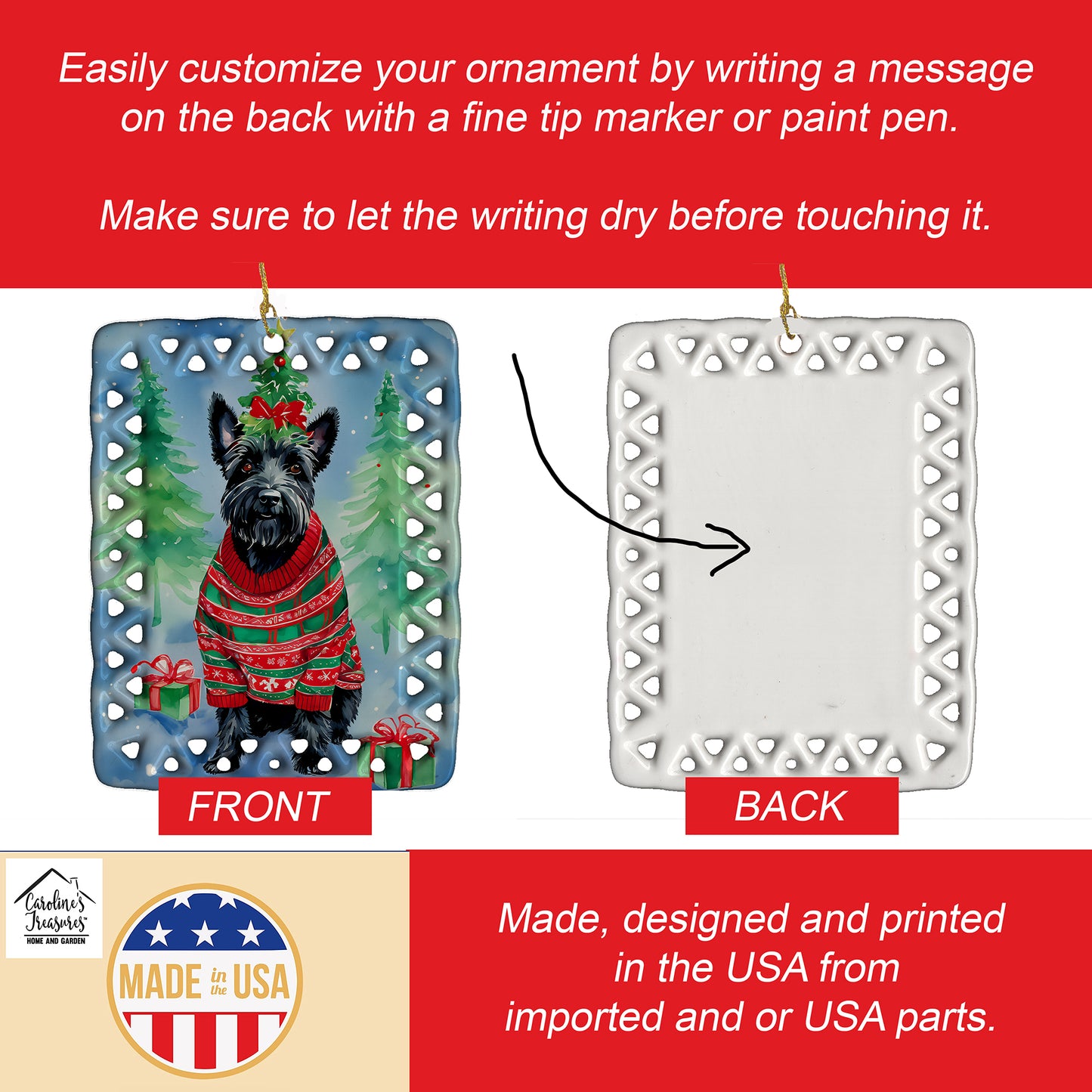 Scottish Terrier Christmas Porcelain Ornament