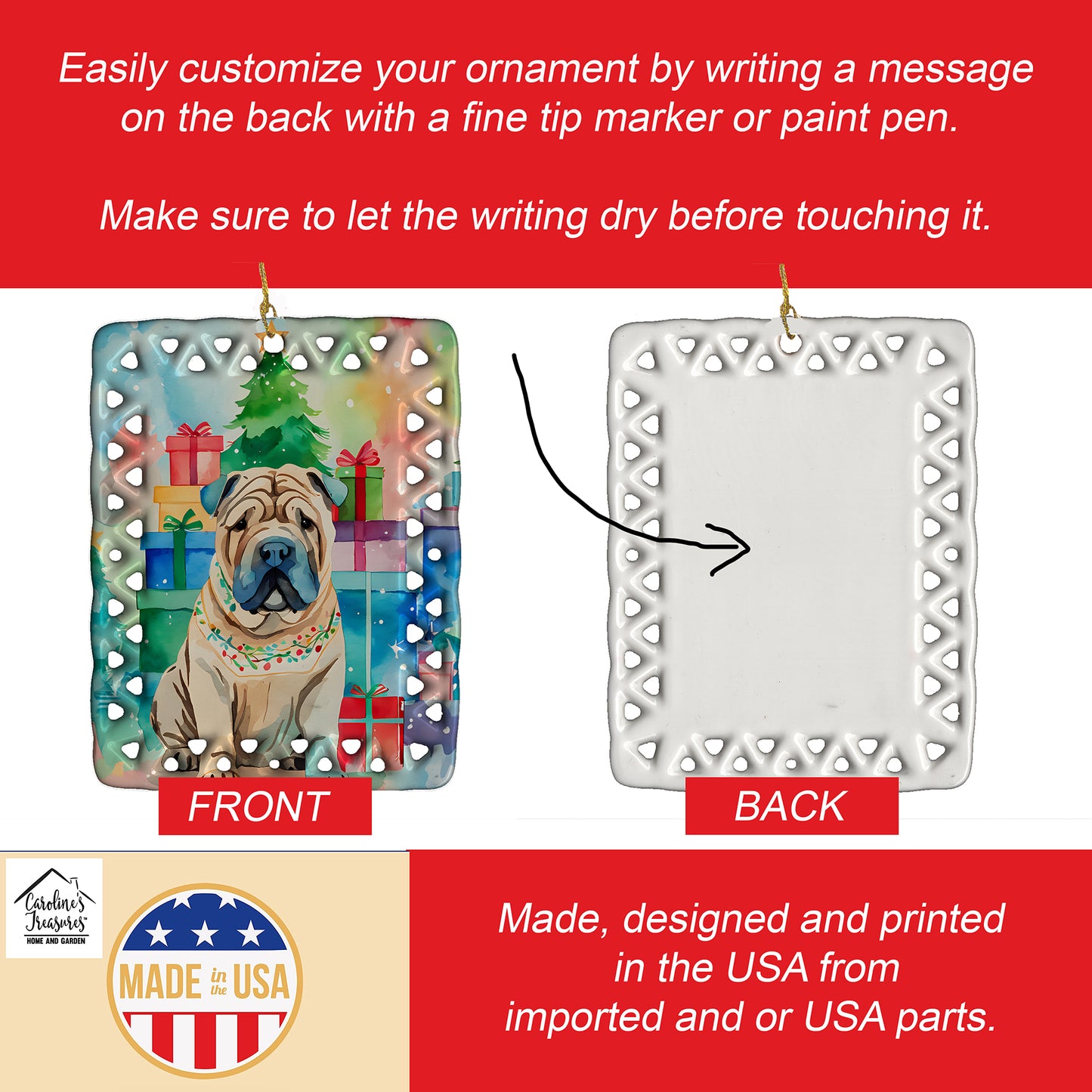 Shar Pei Christmas Porcelain Ornament