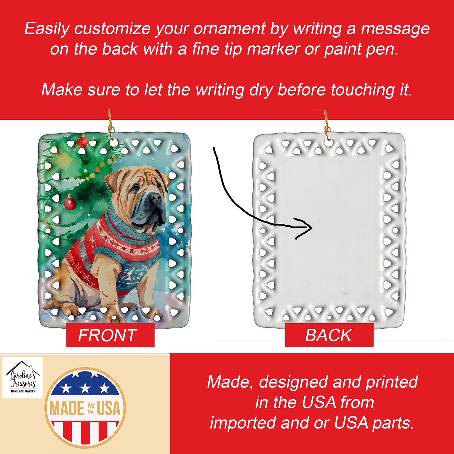 Shar Pei Christmas Porcelain Ornament