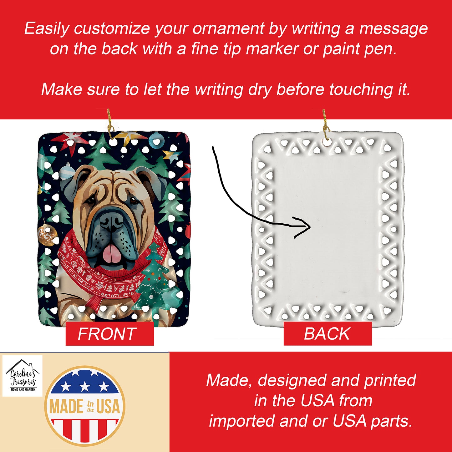 Shar Pei Christmas Porcelain Ornament