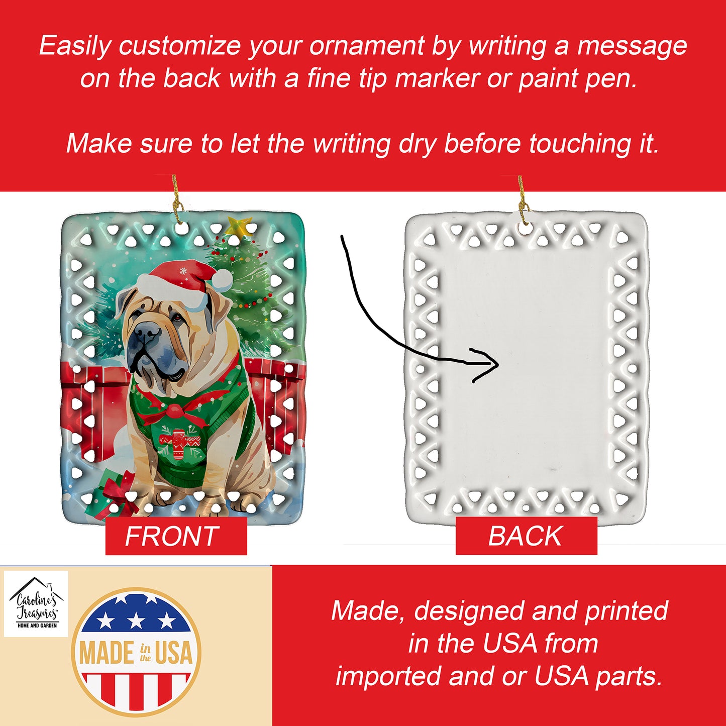 Shar Pei Christmas Porcelain Ornament