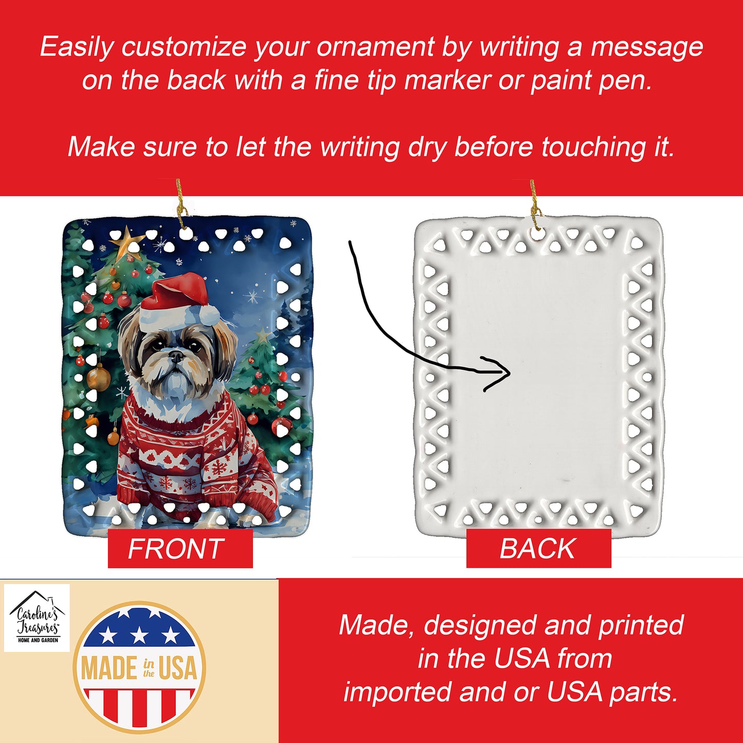 Shih Tzu Christmas Porcelain Ornament