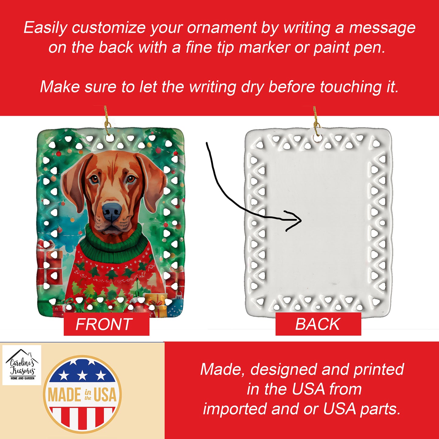 Vizsla Christmas Porcelain Ornament