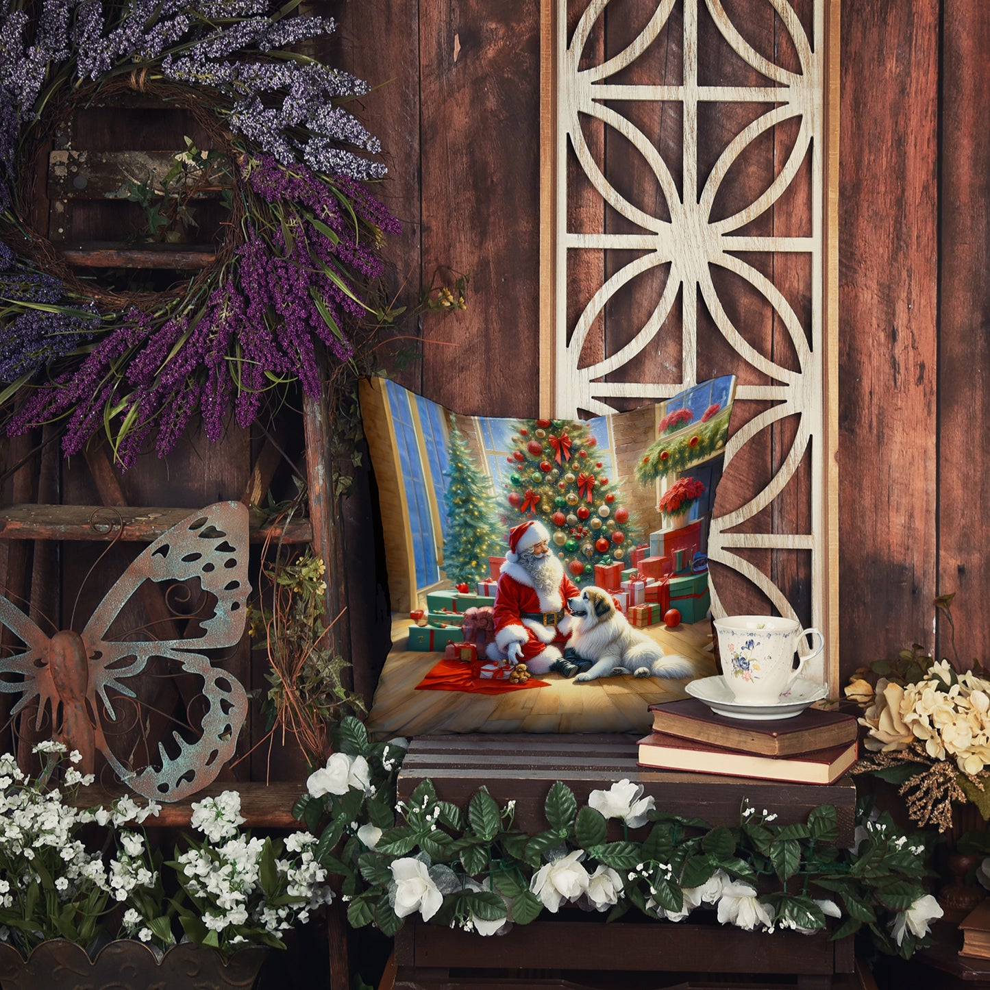 Great Pyrenees and Santa Claus Throw Pillow