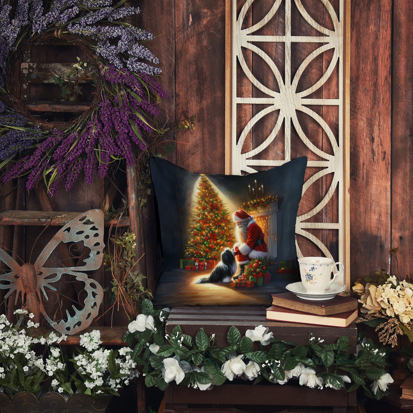 Tibetan Terrier and Santa Claus Throw Pillow