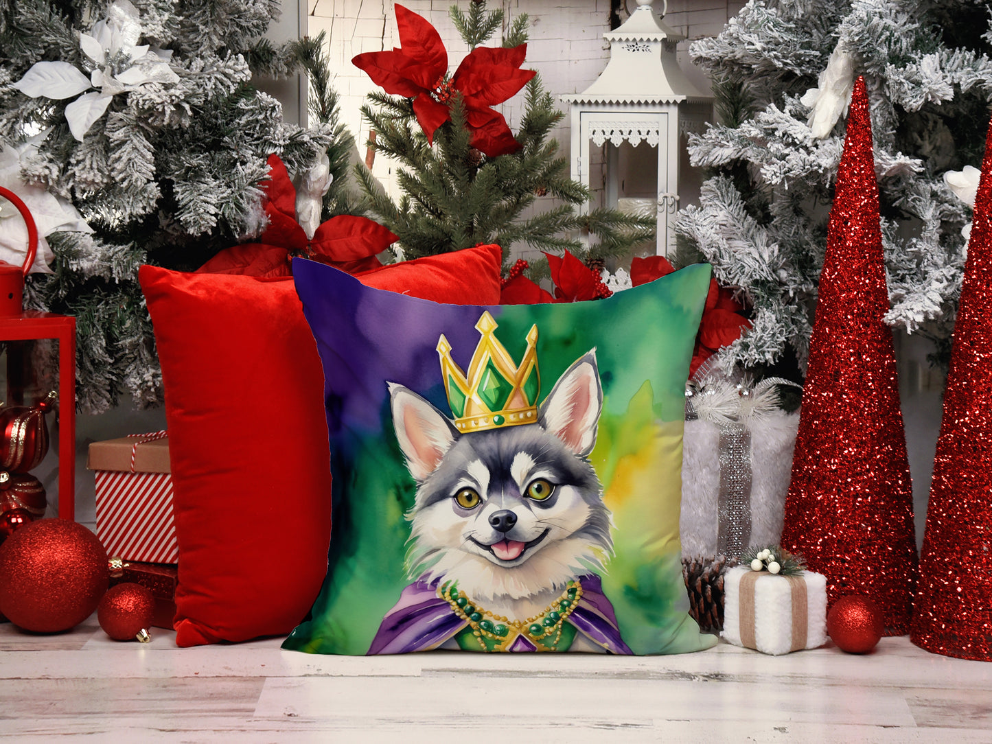 Alaskan Klee Kai King of Mardi Gras Throw Pillow