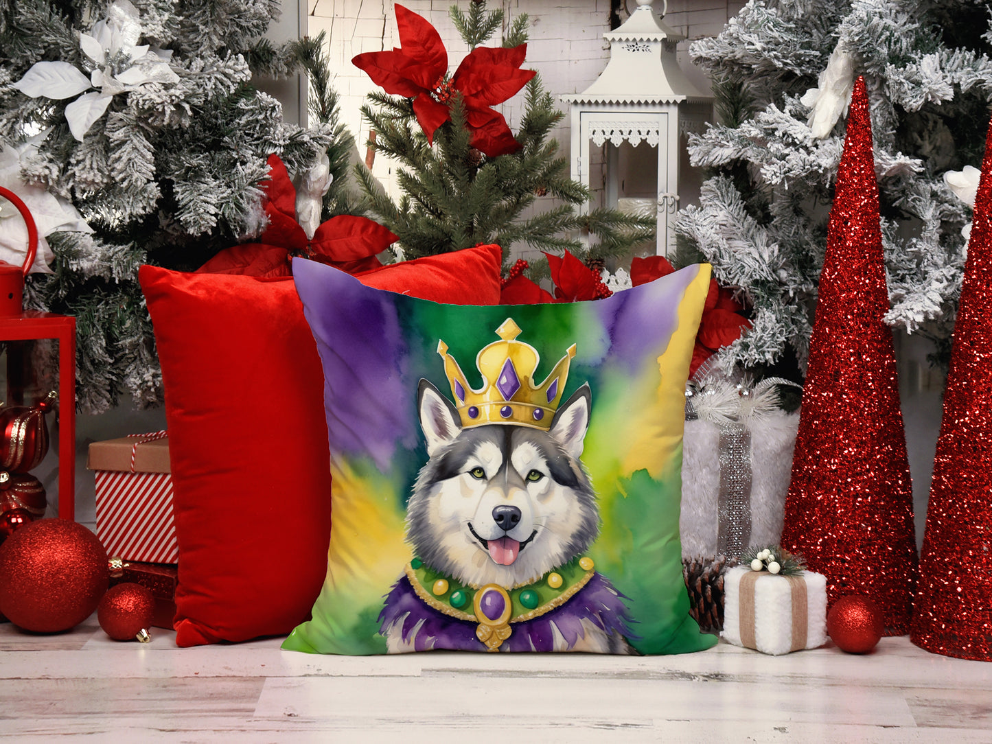 Alaskan Malamute King of Mardi Gras Throw Pillow