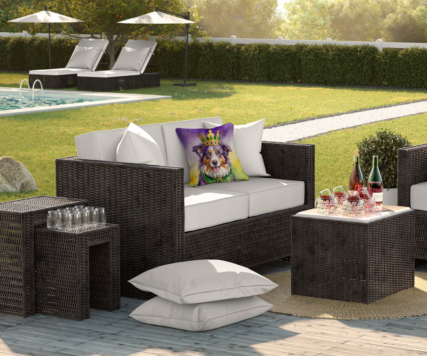 Australian Shepherd King of Mardi Gras Throw Pillow