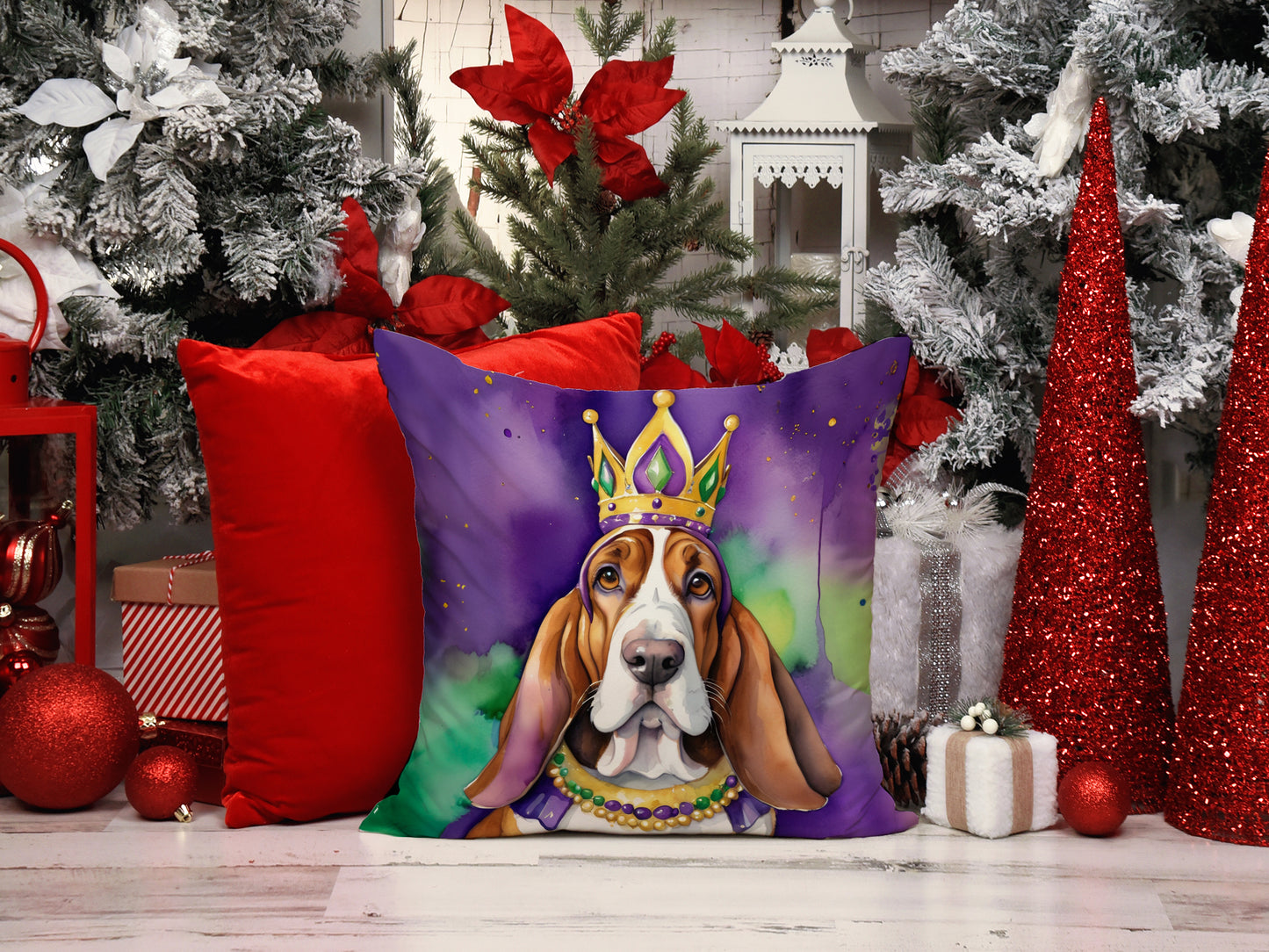 Basset Hound King of Mardi Gras Throw Pillow
