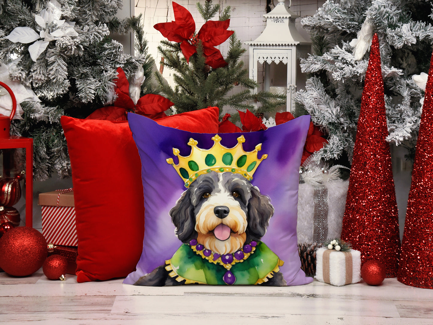 Bernedoodle King of Mardi Gras Throw Pillow
