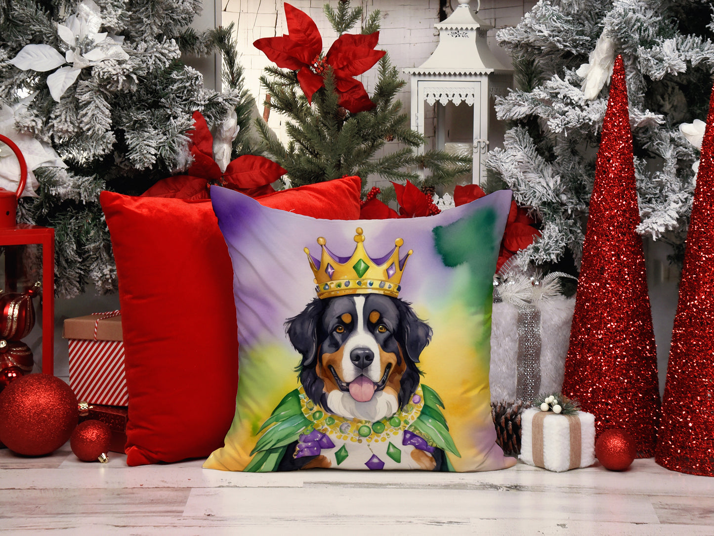 Bernese Mountain Dog King of Mardi Gras Throw Pillow