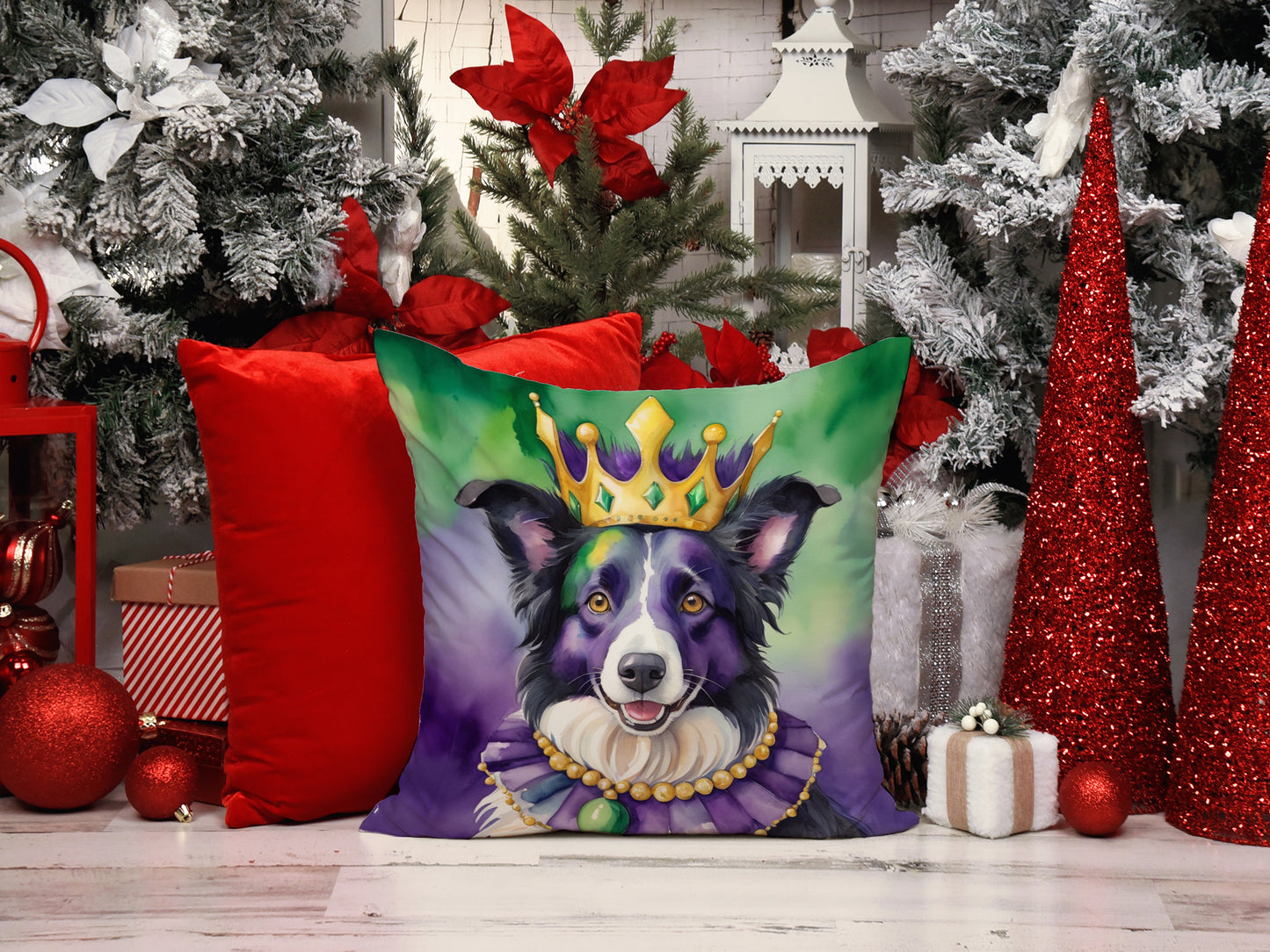 Border Collie King of Mardi Gras Throw Pillow