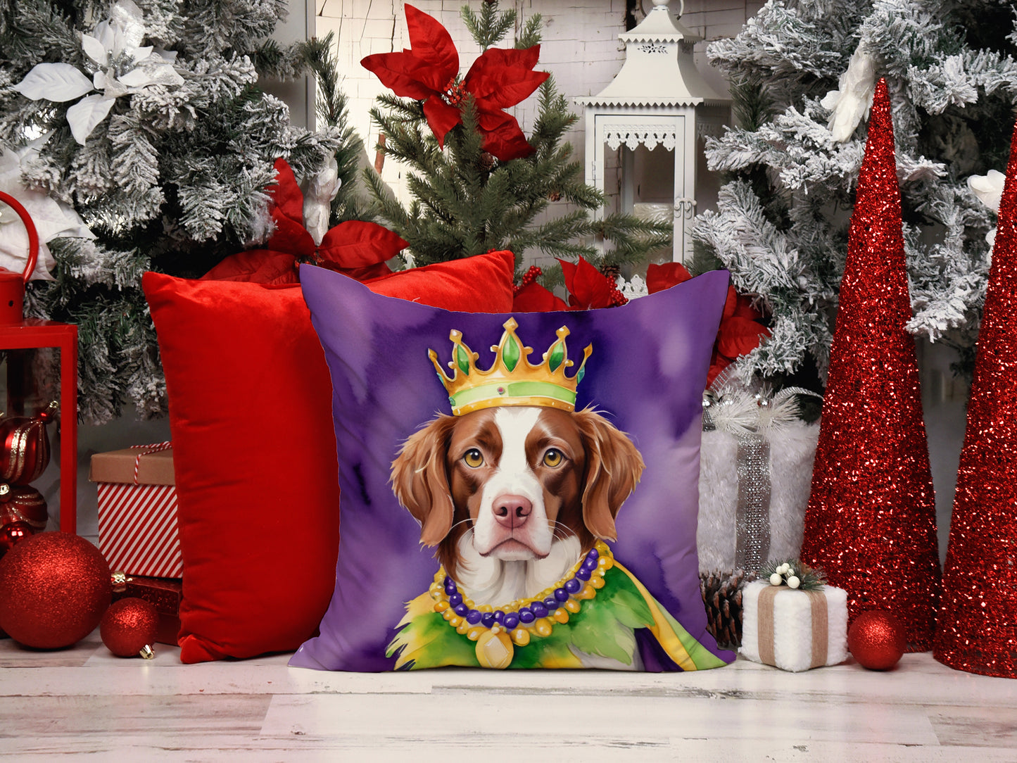 Brittany Spaniel King of Mardi Gras Throw Pillow