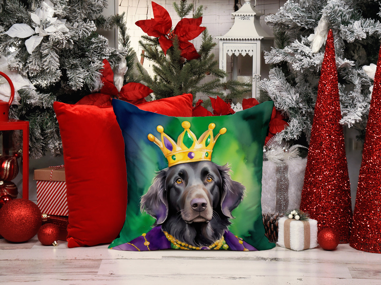 Flat-Coated Retriever King of Mardi Gras Throw Pillow