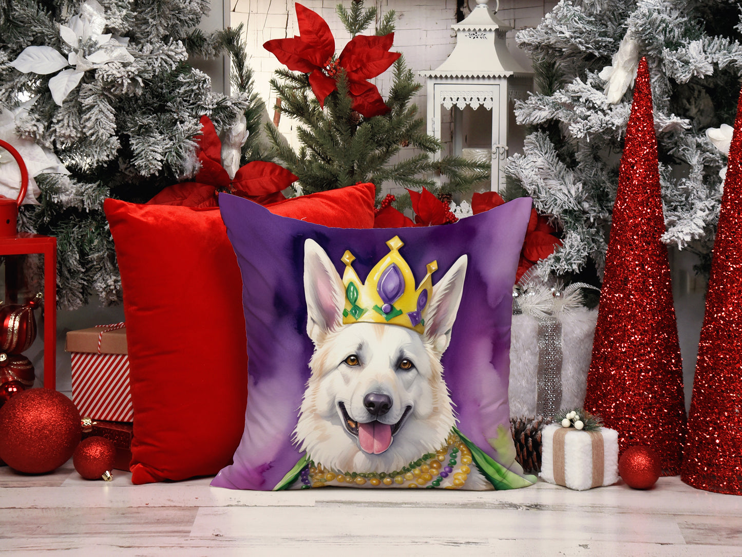 White German Shepherd King of Mardi Gras Throw Pillow