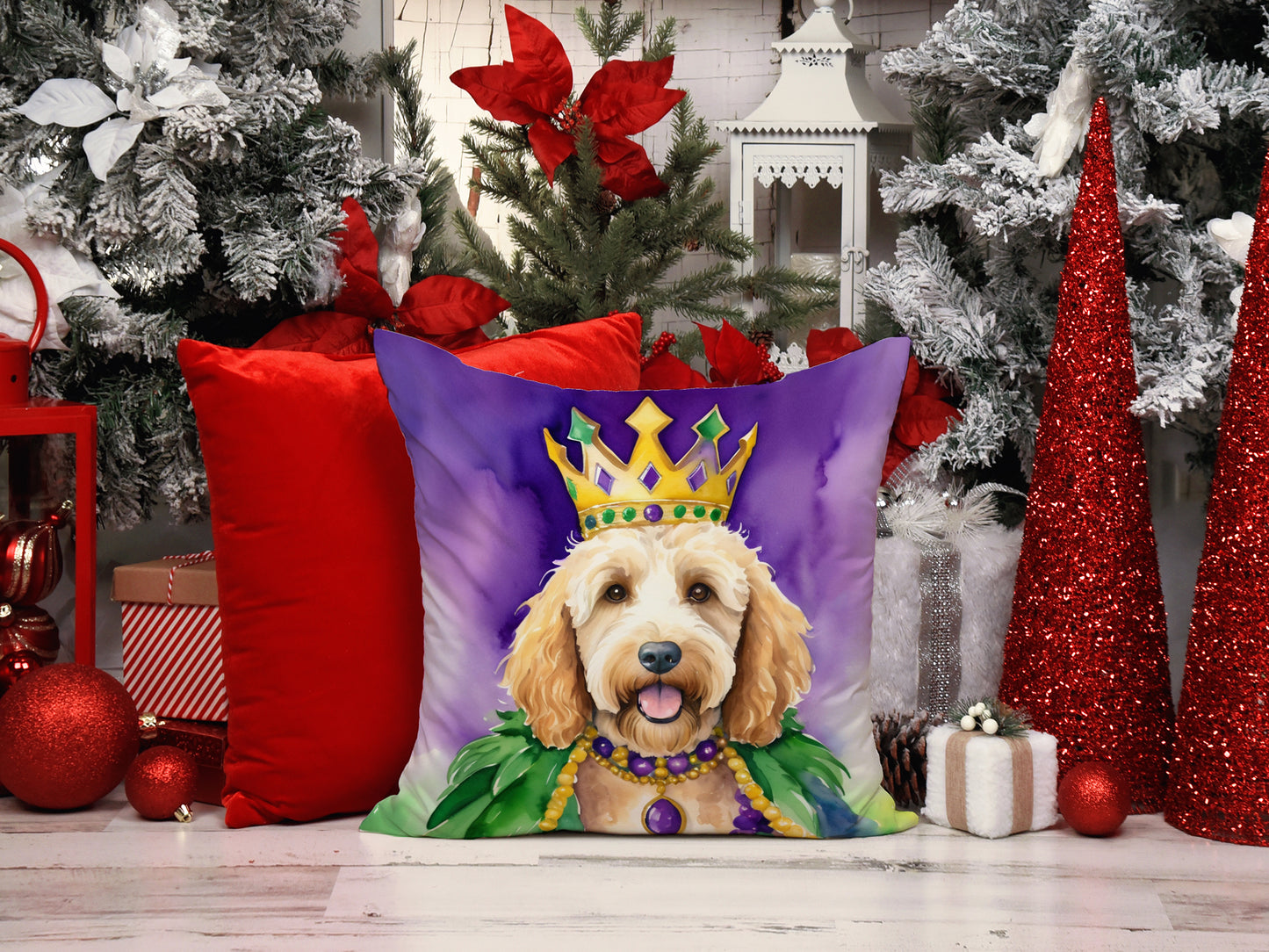 Goldendoodle King of Mardi Gras Throw Pillow