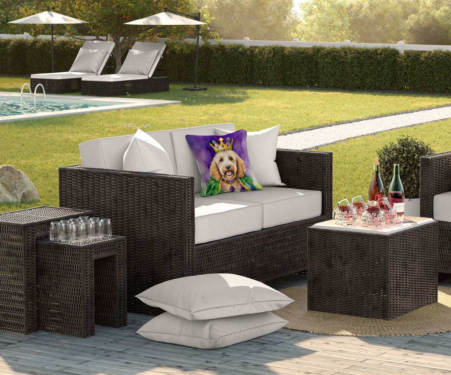 Goldendoodle King of Mardi Gras Throw Pillow