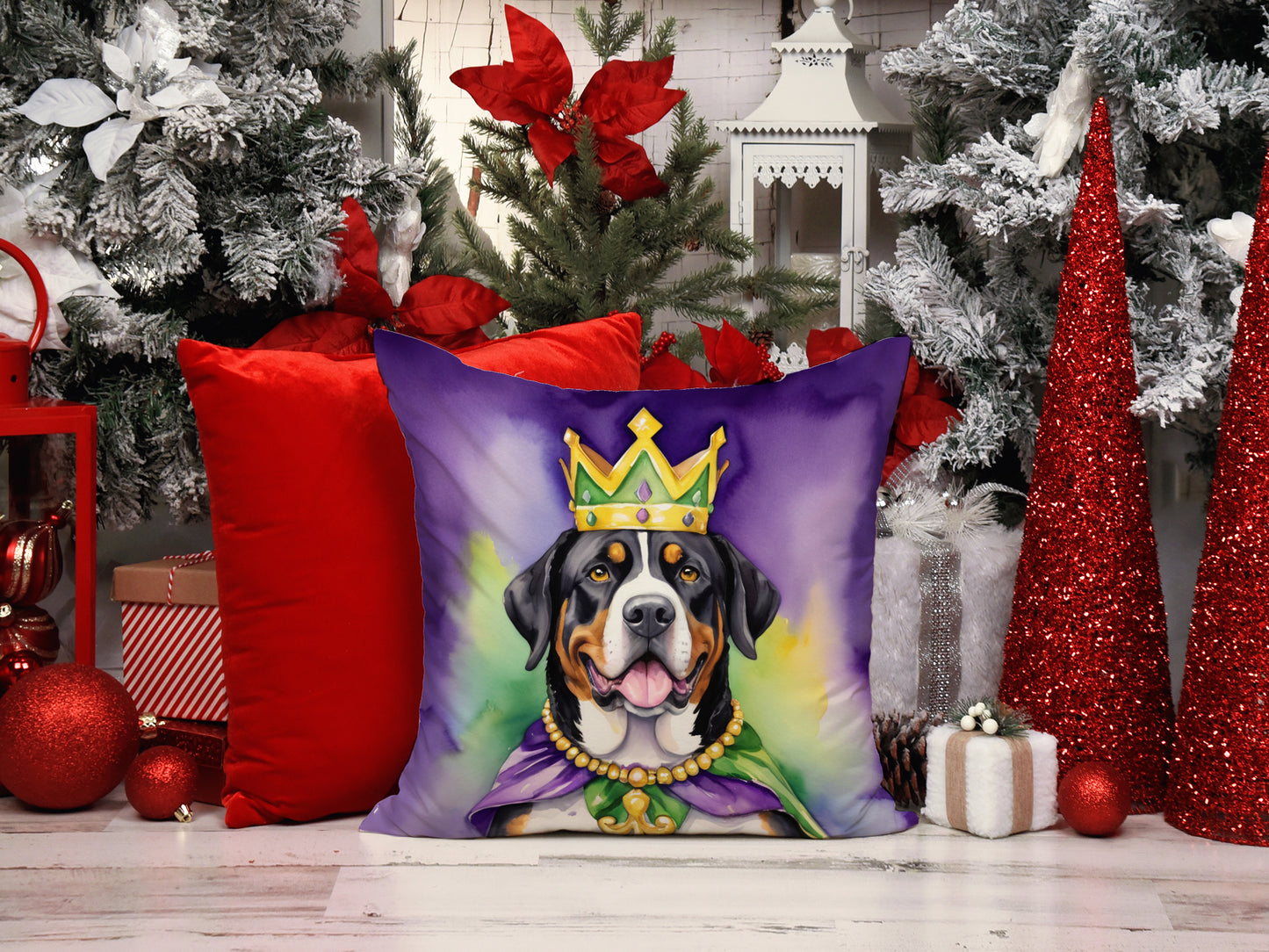 Greater Swiss Mountain Dog King of Mardi Gras Throw Pillow