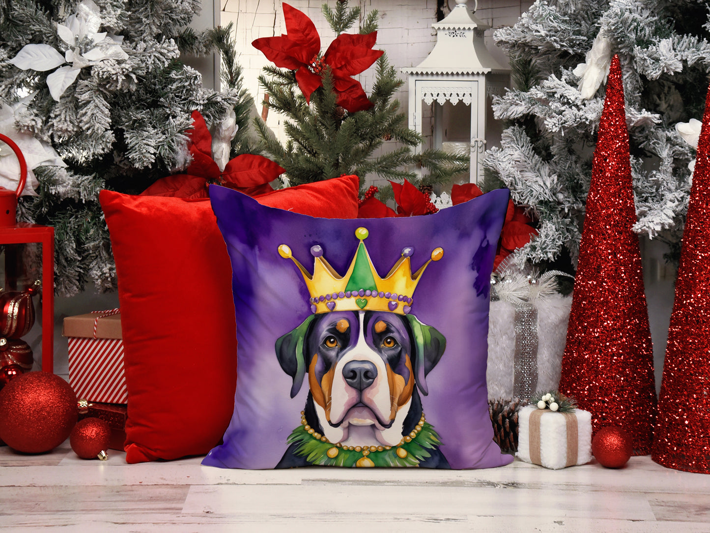Greater Swiss Mountain Dog King of Mardi Gras Throw Pillow