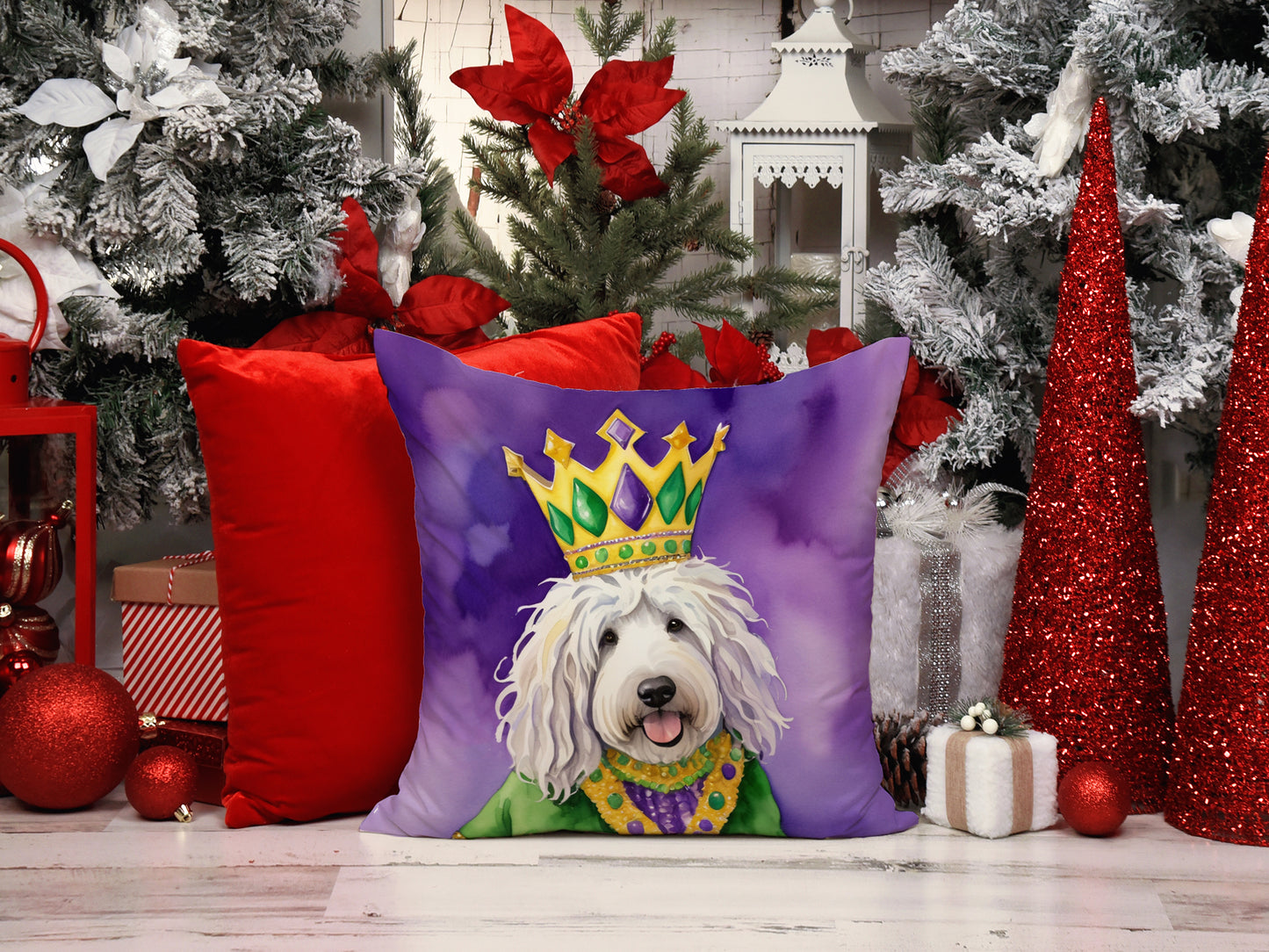 Komondor King of Mardi Gras Throw Pillow