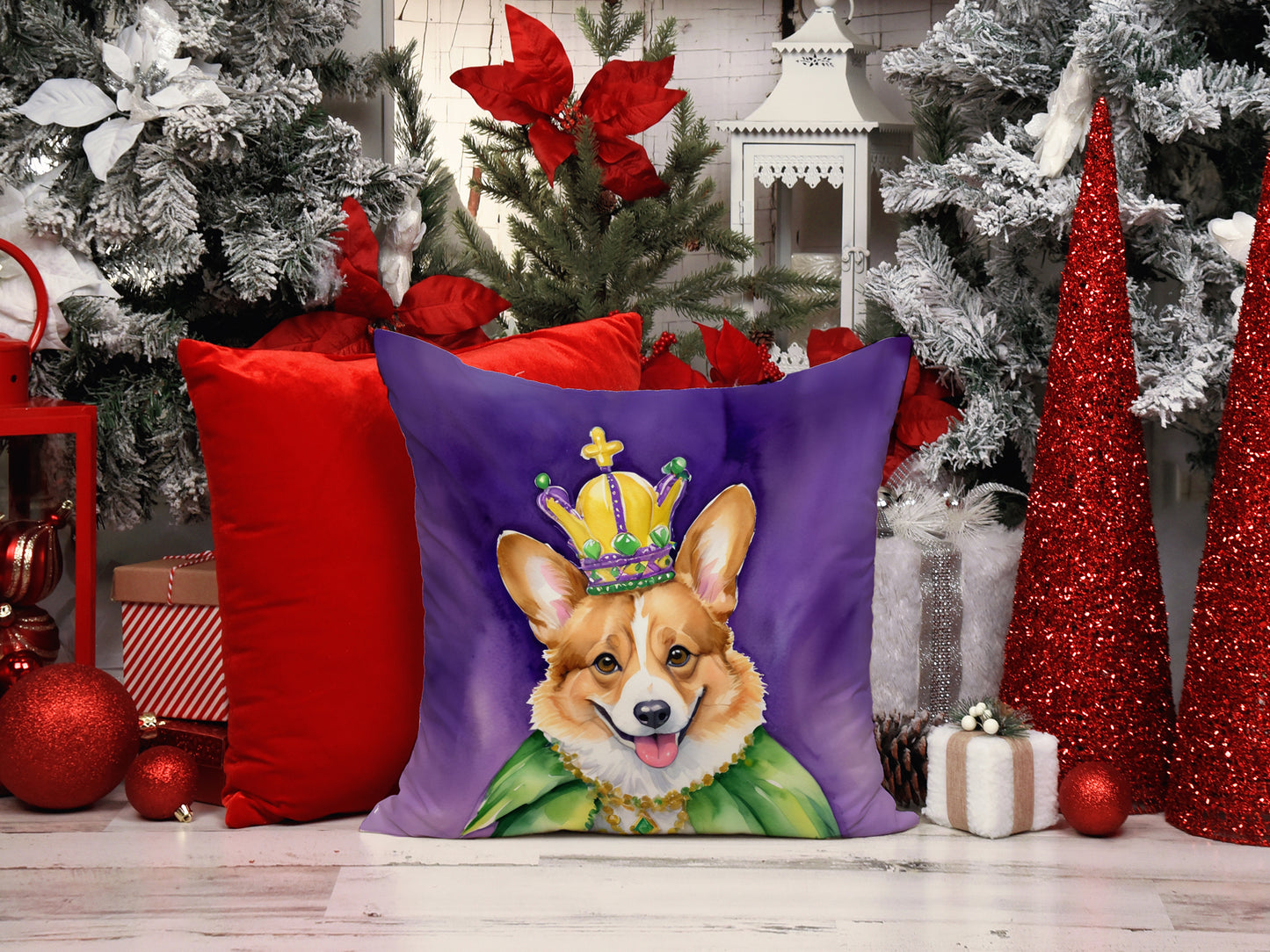 Corgi King of Mardi Gras Throw Pillow