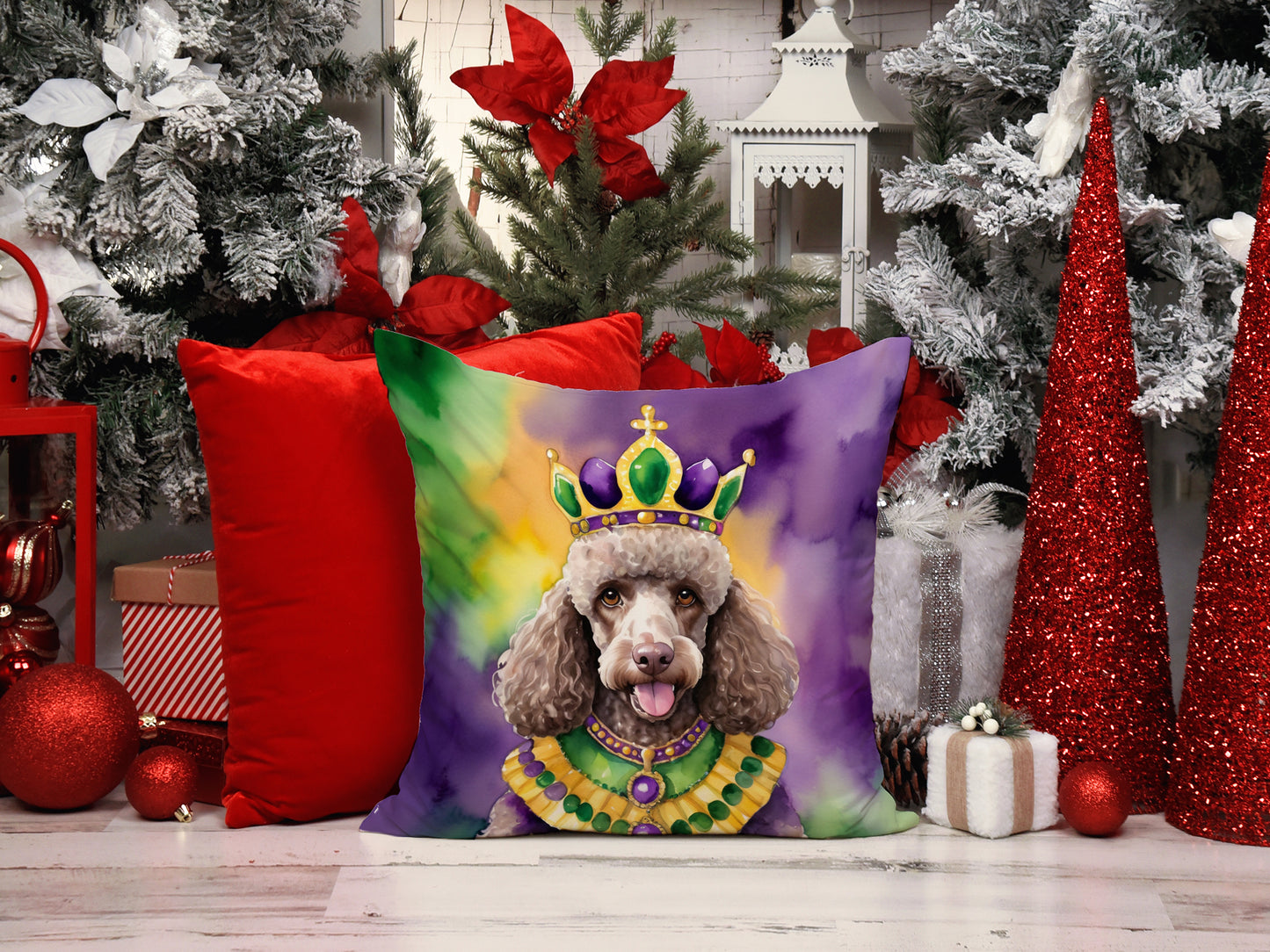 Chocolate Poodle King of Mardi Gras Throw Pillow