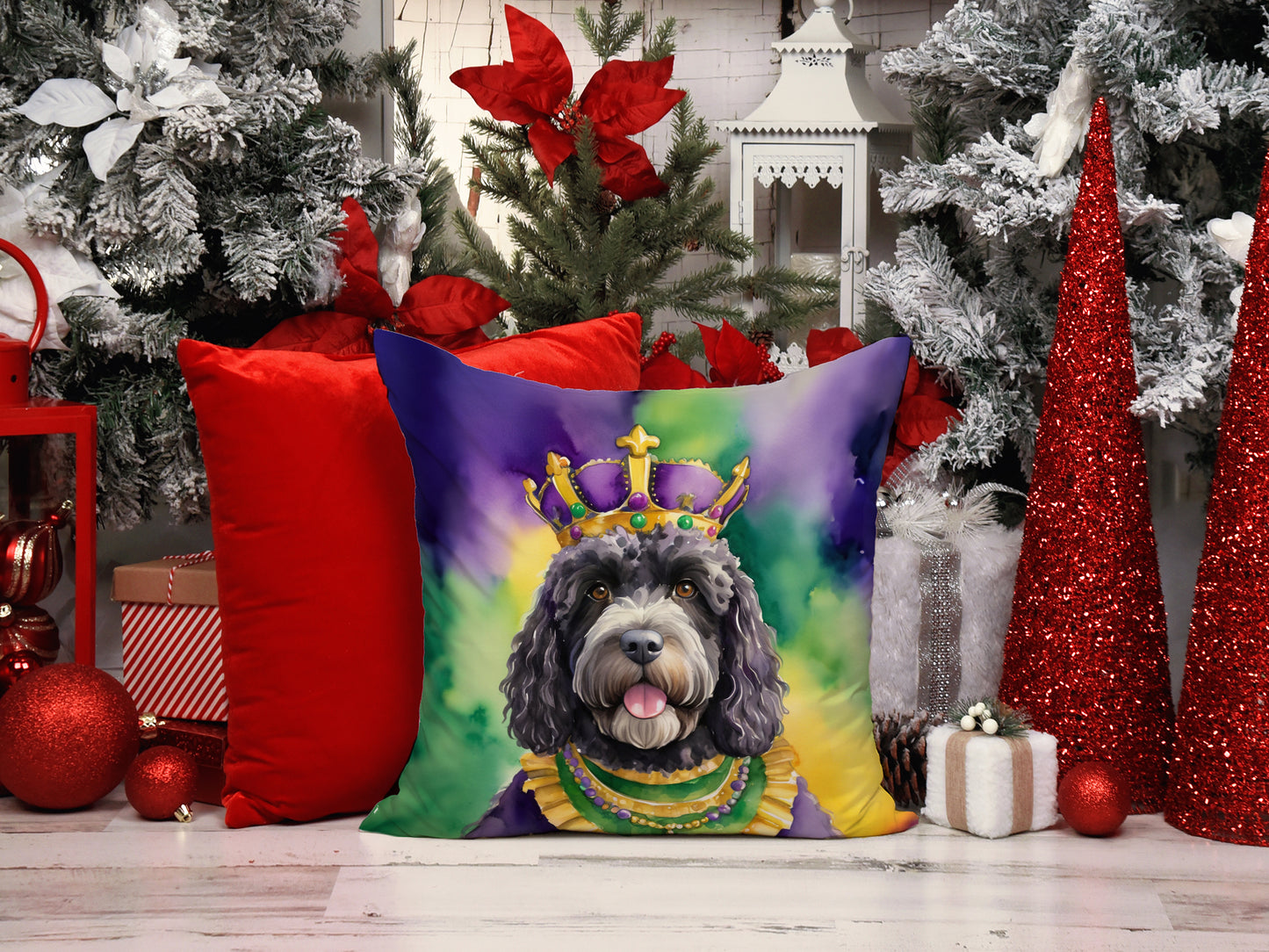 Portuguese Water Dog King of Mardi Gras Throw Pillow