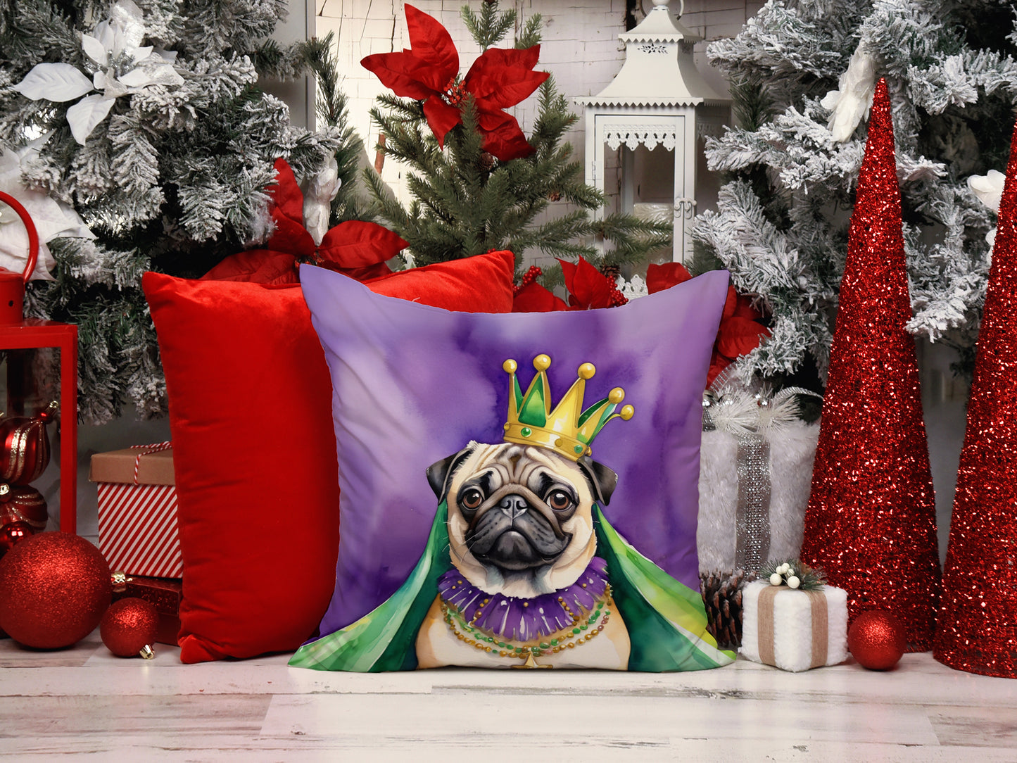 Pug King of Mardi Gras Throw Pillow