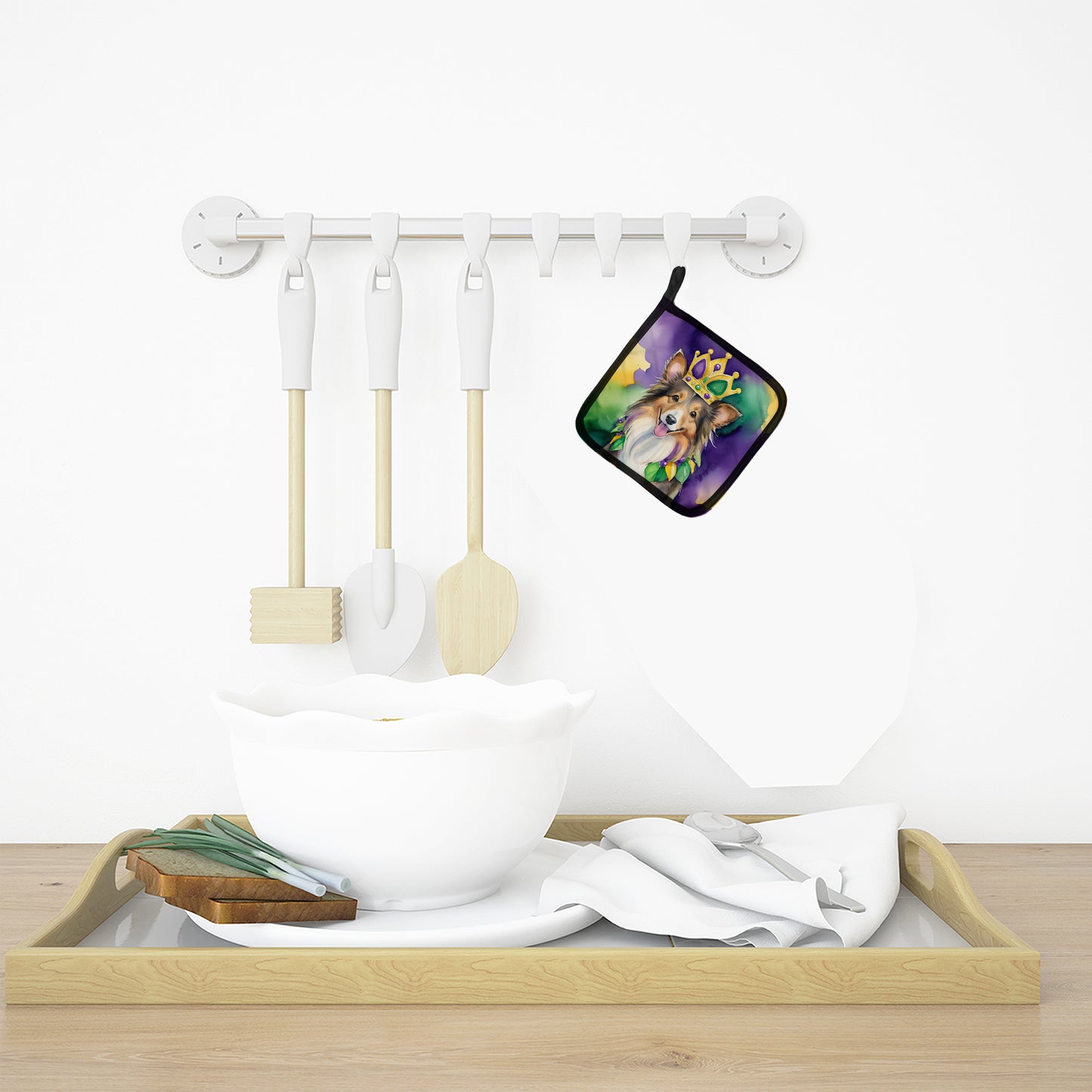 Sheltie King of Mardi Gras Pair of Pot Holders