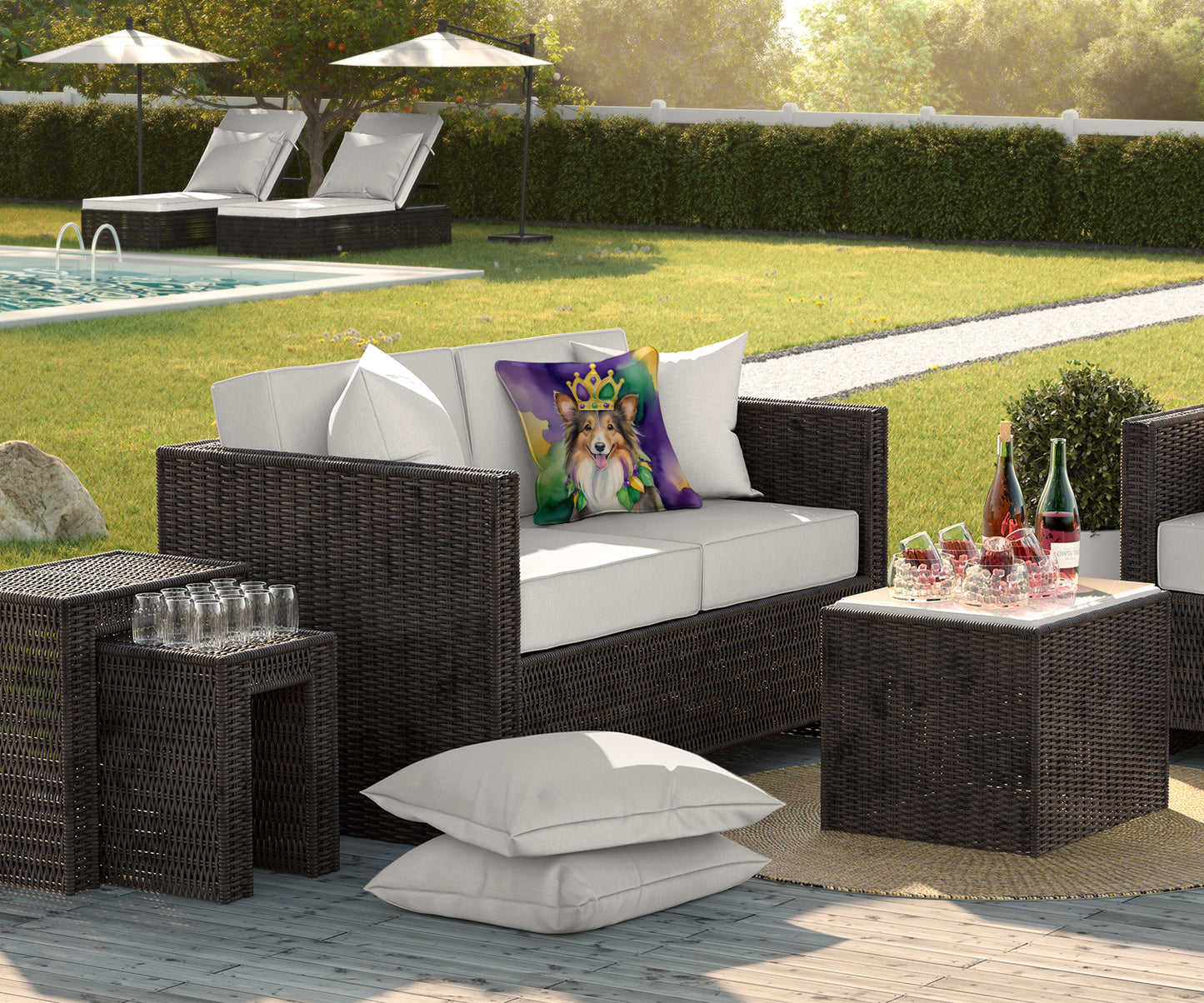 Sheltie King of Mardi Gras Throw Pillow