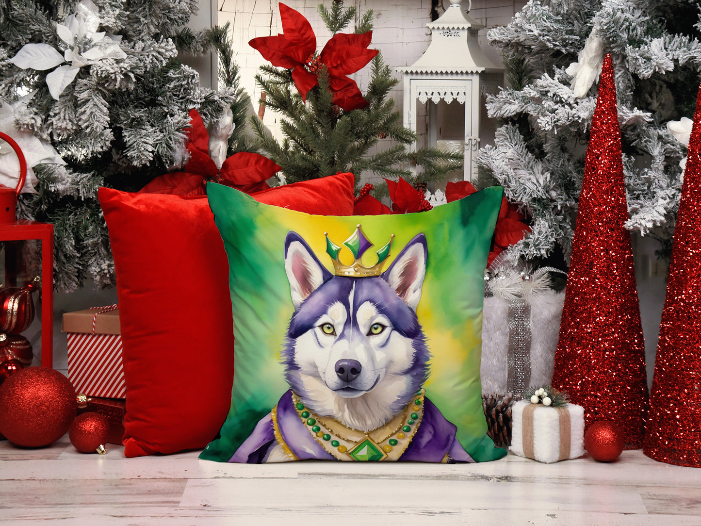Siberian Husky King of Mardi Gras Throw Pillow
