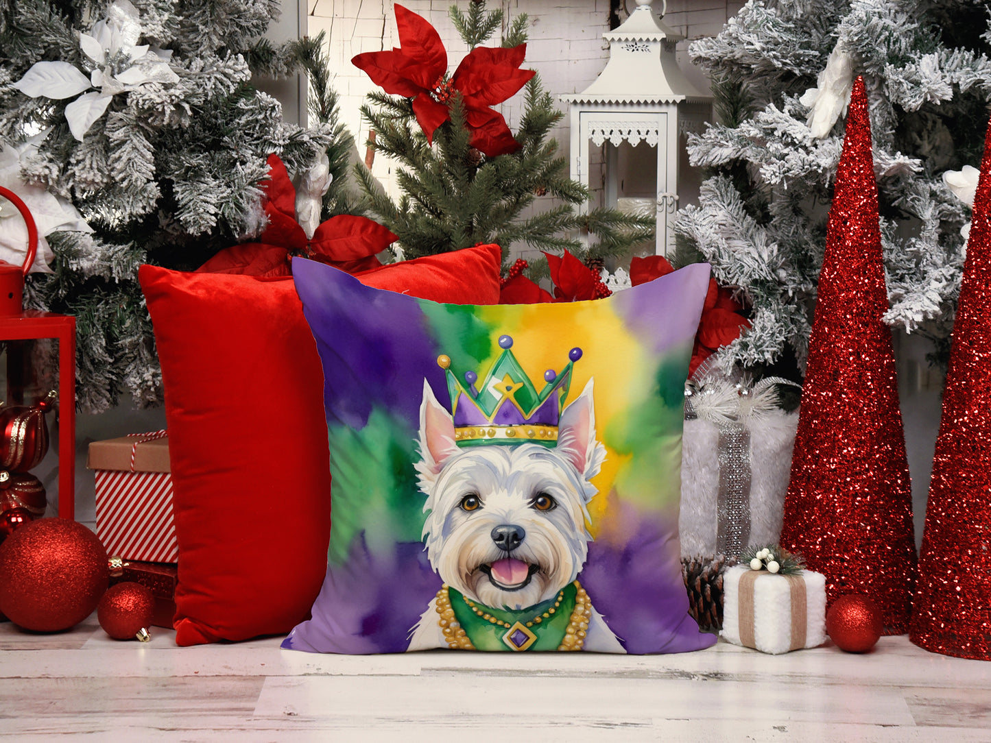 Westie King of Mardi Gras Throw Pillow