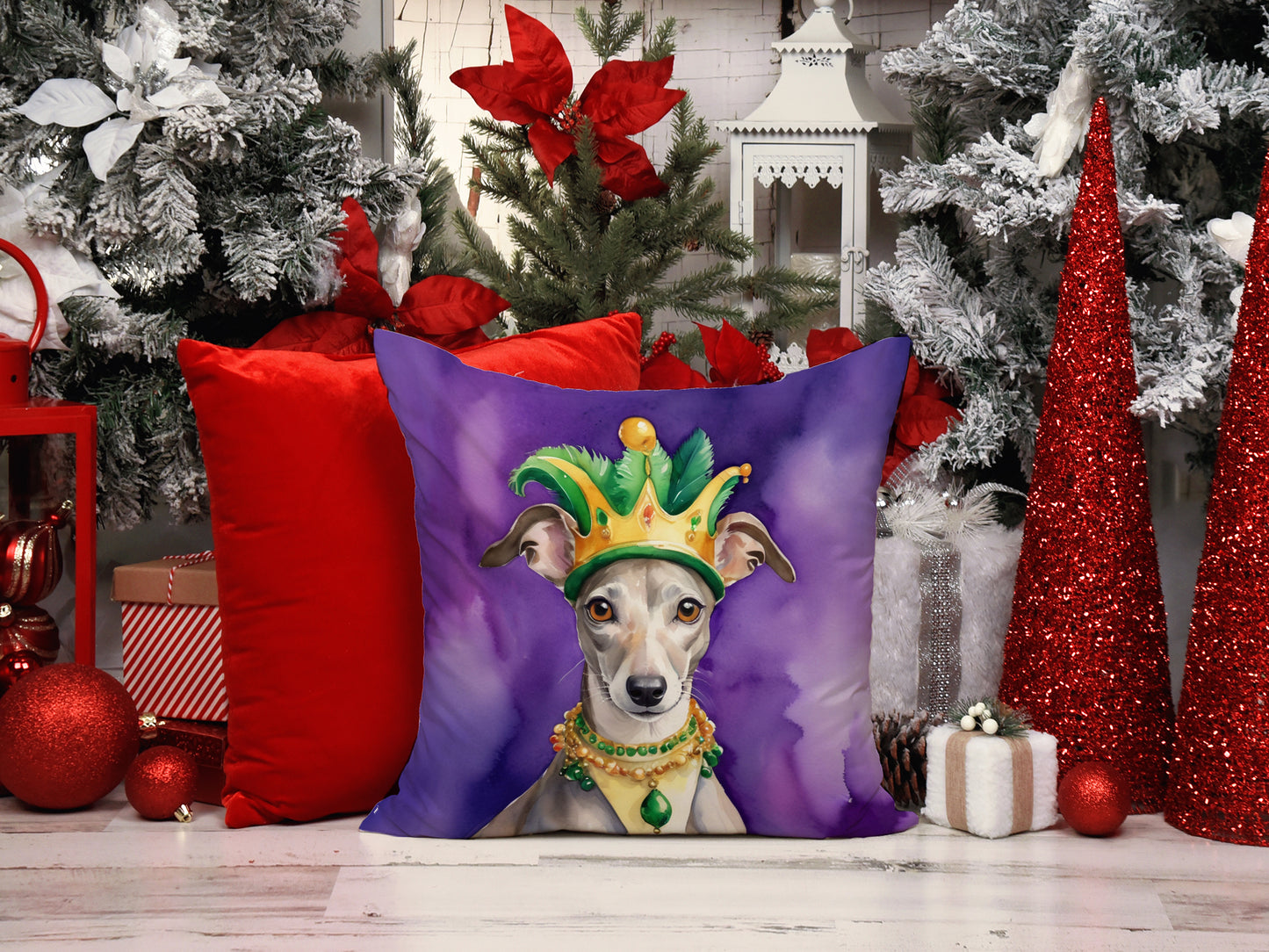 Whippet King of Mardi Gras Throw Pillow