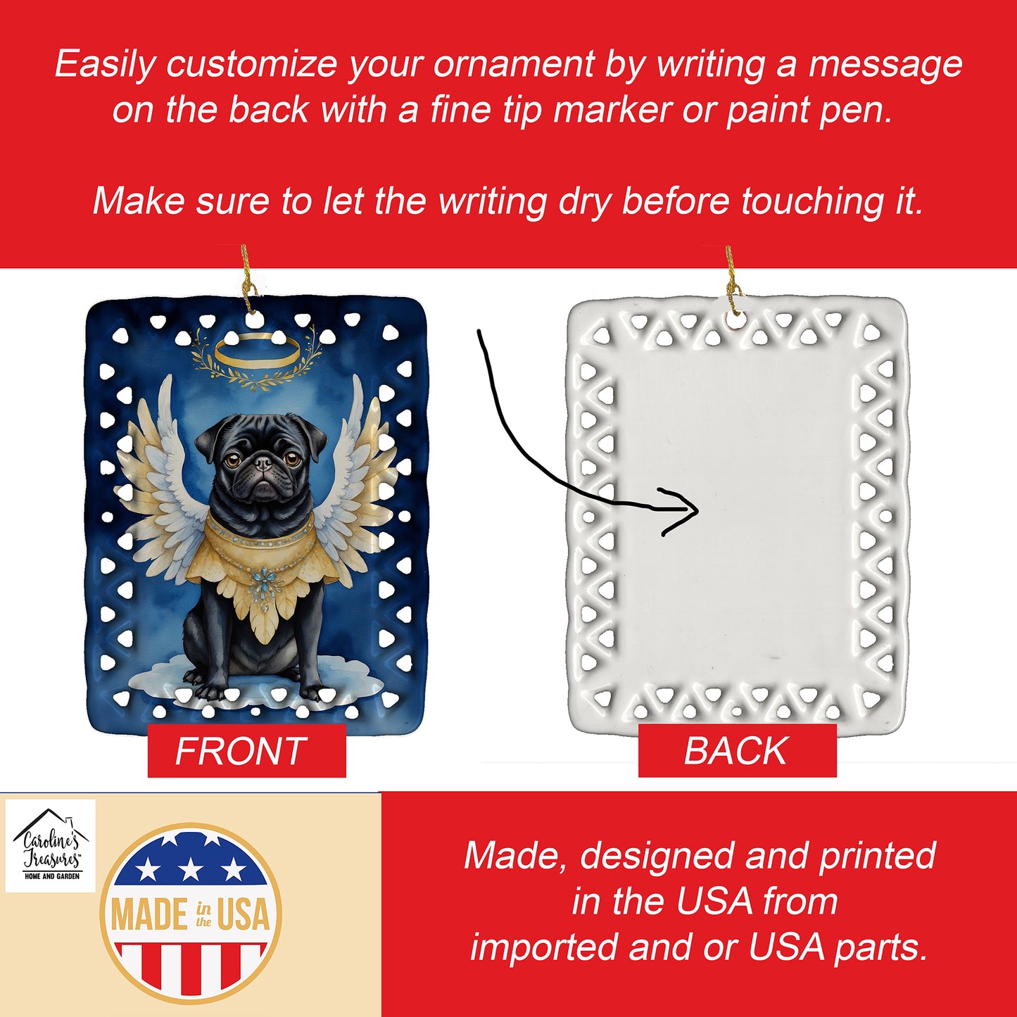 Black Pug My Angel Porcelain Ornament